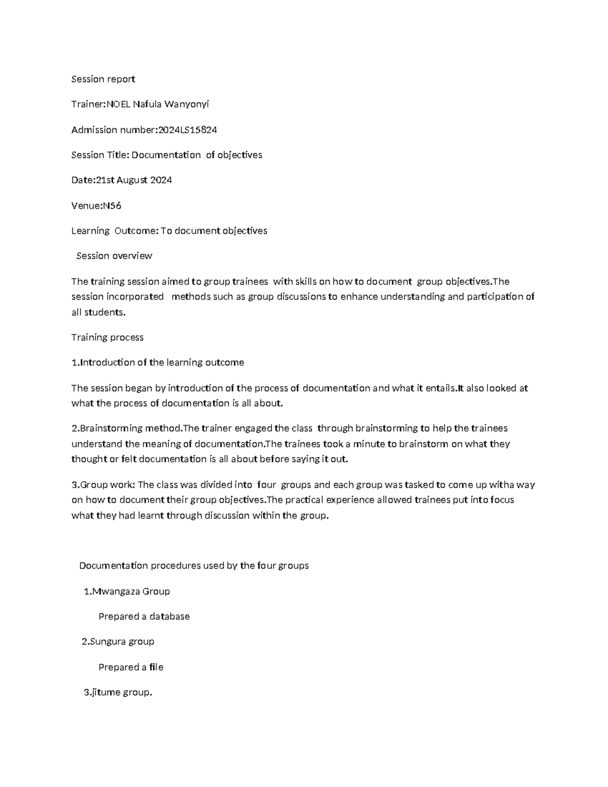 Session report-WPS Office - Session report Trainer:NOEL Nafula Wanyonyi ...