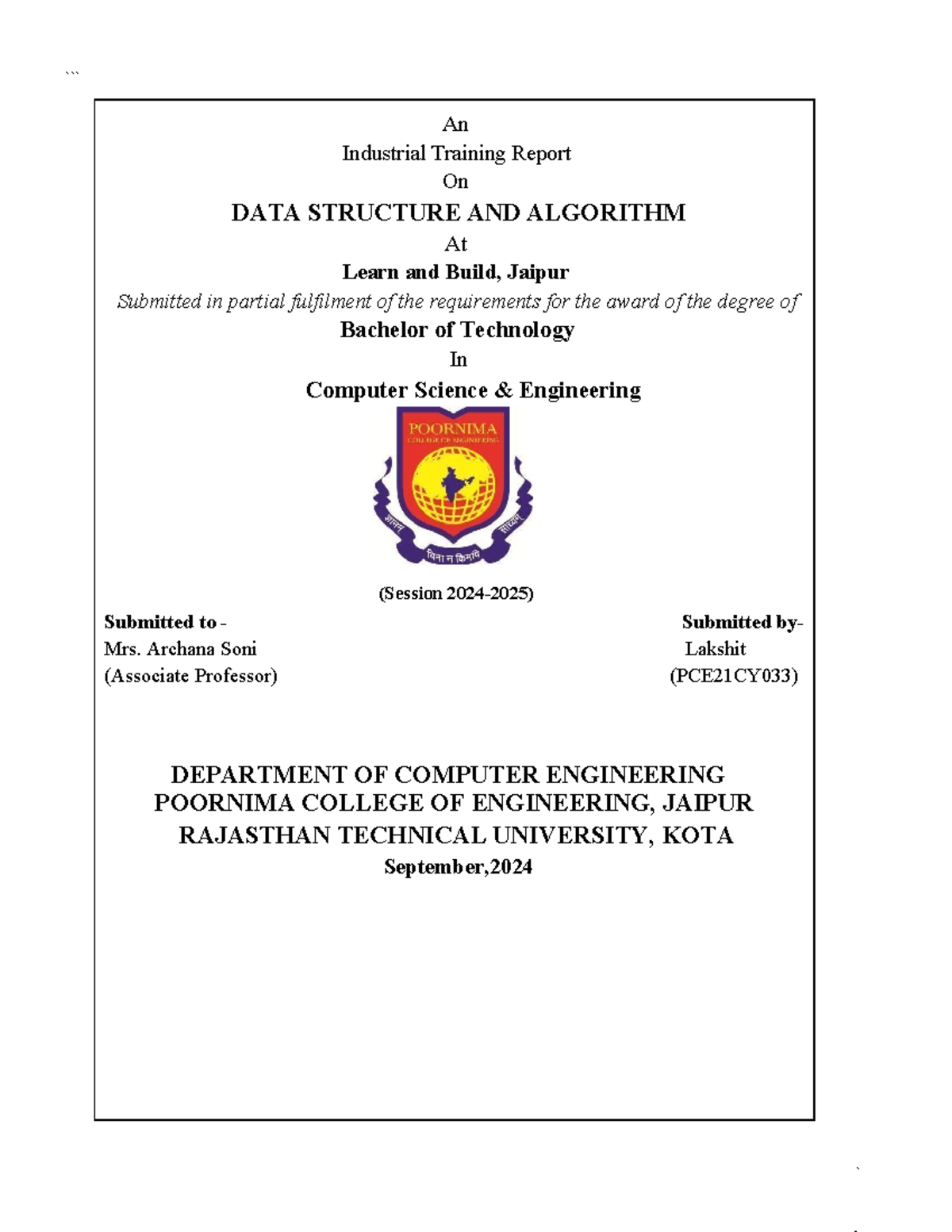 Industrial Training Report on Data Structures and Algorithms (CSE-2024 ...