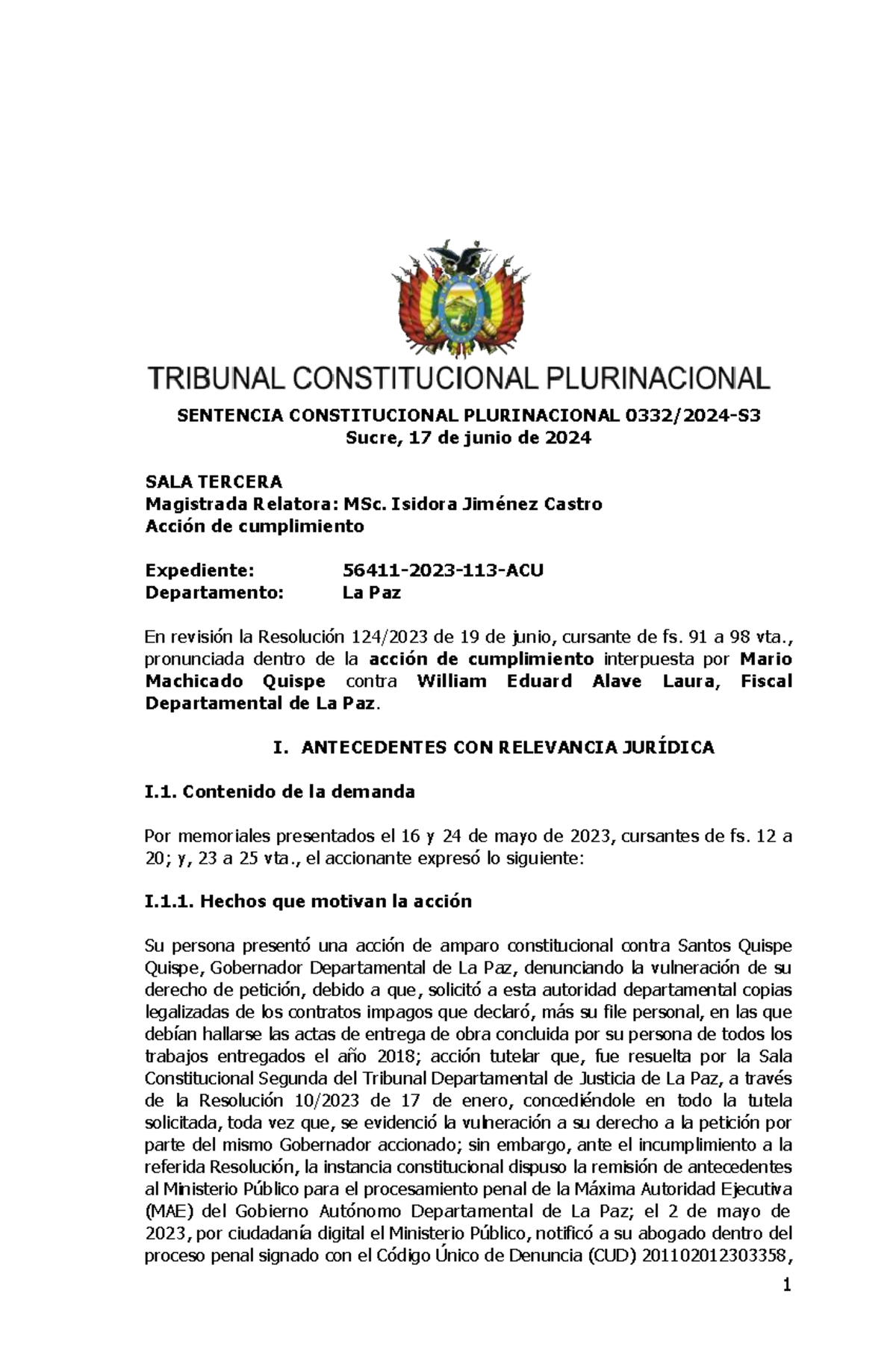 Sentencia 0332 2024-S3 - SENTENCIA CONSTITUCIONAL PLURINACIONAL 0332/