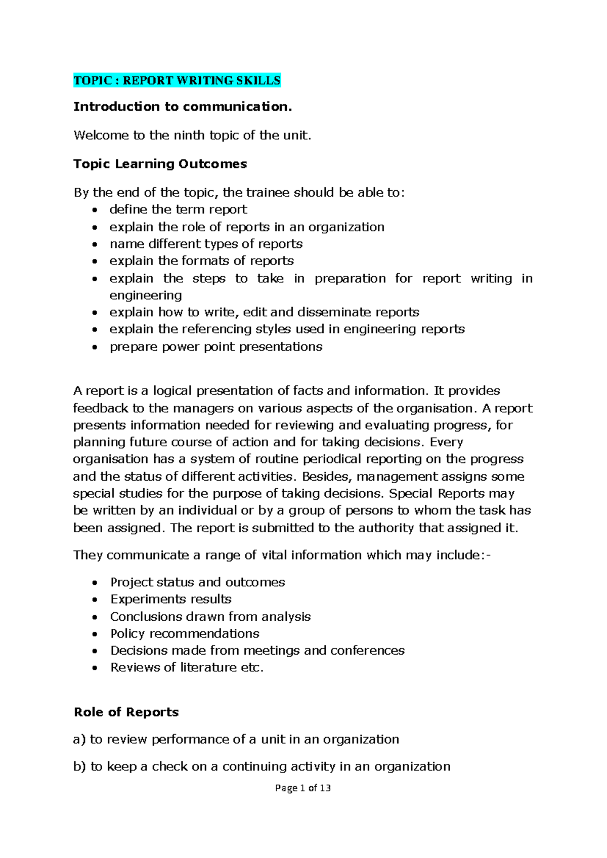 Topic 9: Mastering Report Writing Skills in Engineering - Studocu