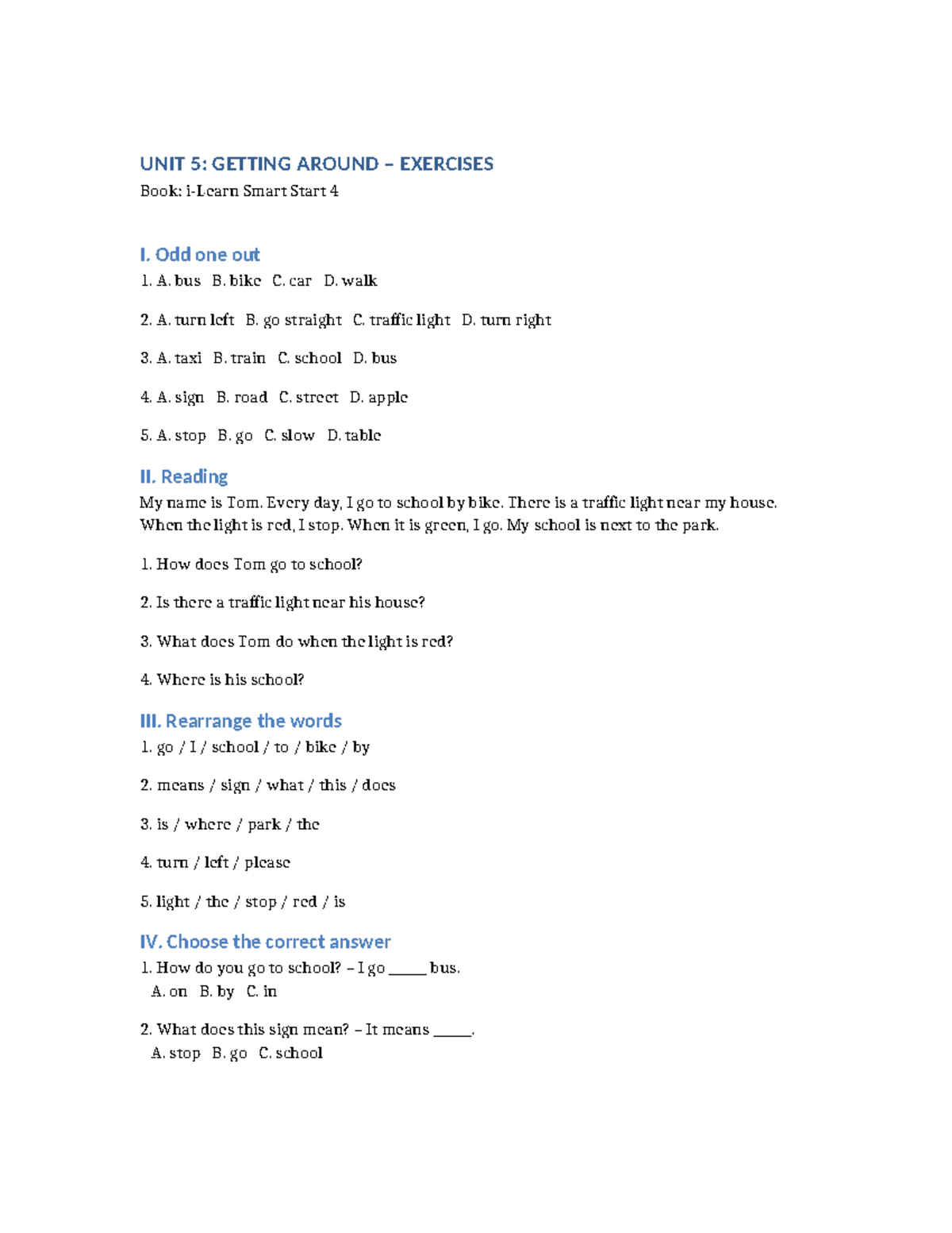 Unit 5: Getting Around Exercises - Smart Start 4 - Studocu