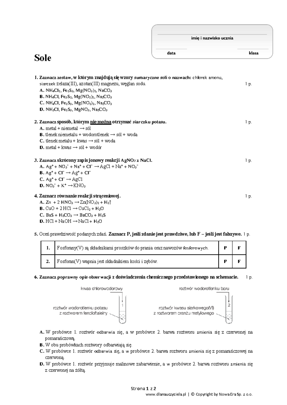 Sole Chemia Klasa 8 Sprawdzian Odp