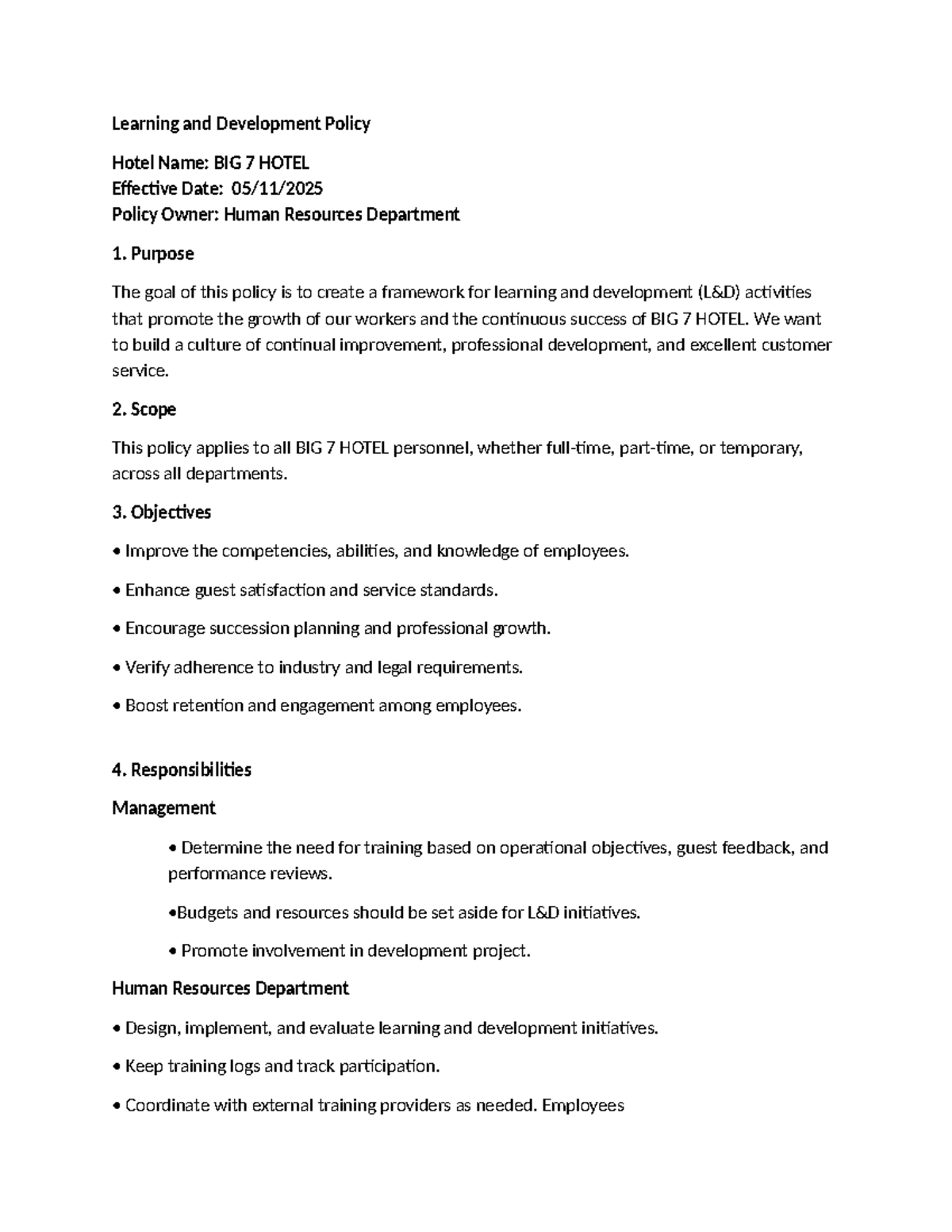 Learning and Development Policy-BIG 7 Hotel - Learning and Development ...