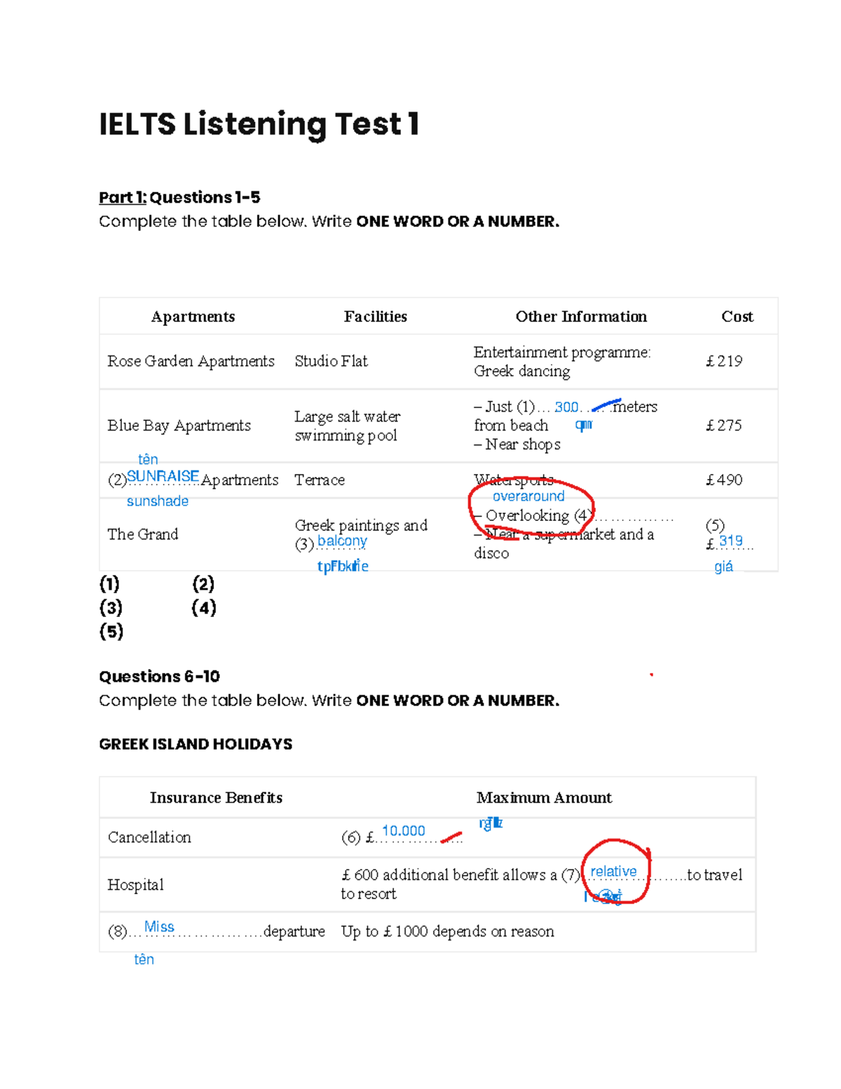 IELTS Listening Test 1: Complete Questions and Notes - Studocu