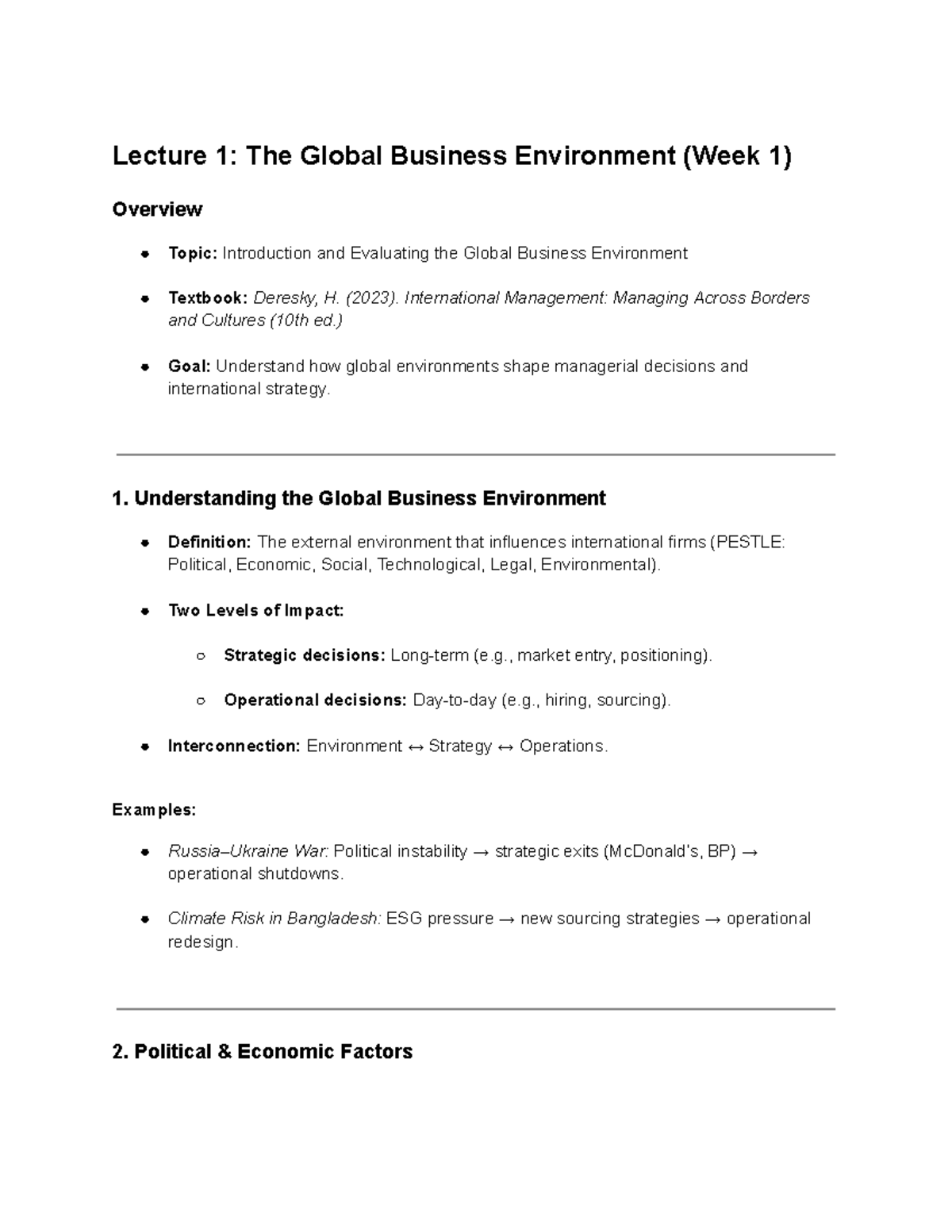 IBUS212 Lecture Notes: Understanding the Global Business Environment ...