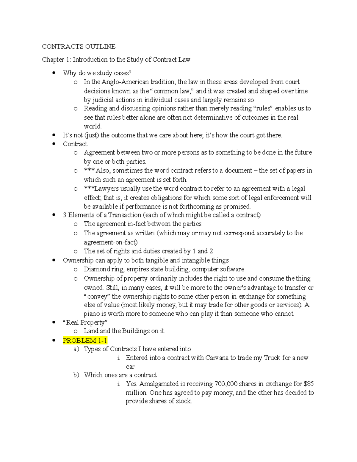 CONTRACTS OUTLINE: Chapter 1 - Intro to Contract Law & Principles - Studocu
