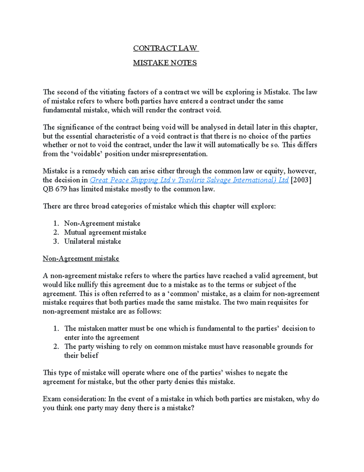 Contract law (LAW 101): Mistake notes and analysis - Studocu