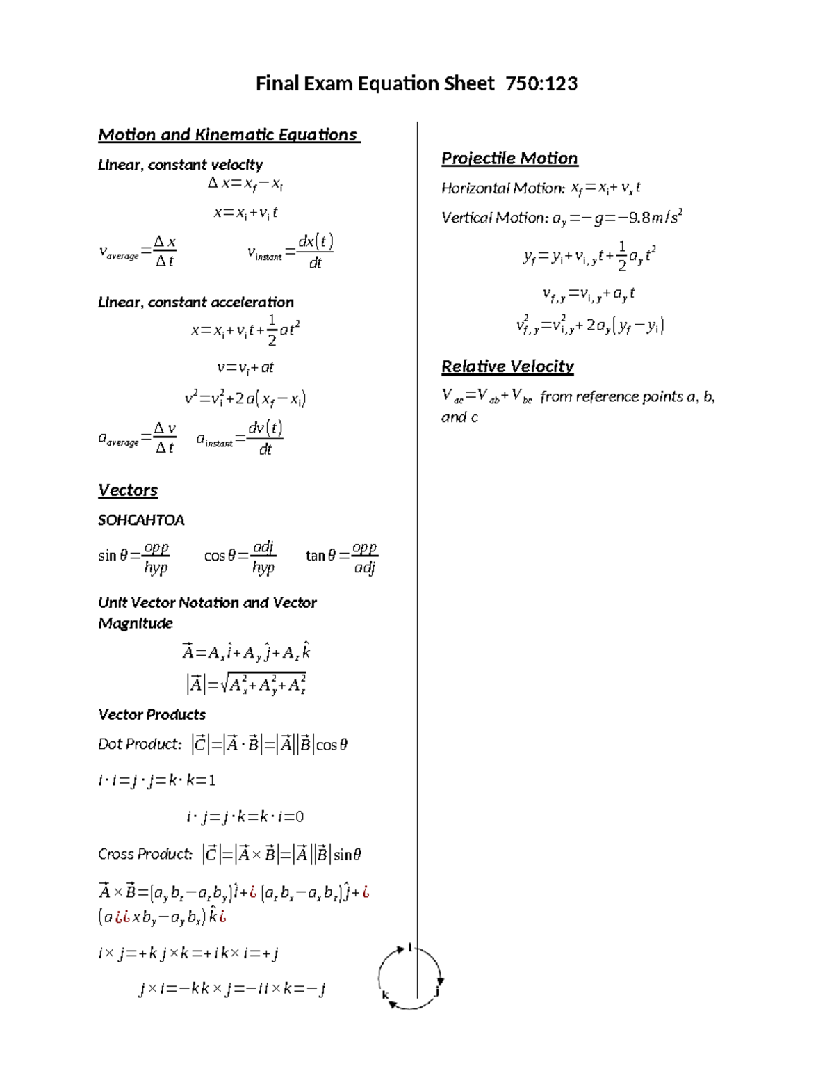 Final Exam Equation Sheet 750:123 Motion & Kinematics - Studocu