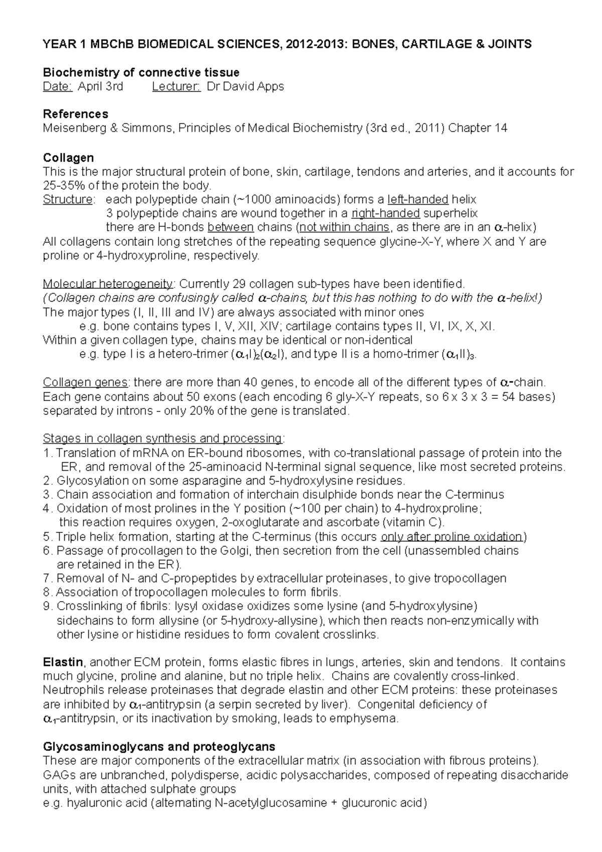 YEAR 1 MBChB BIOMEDICAL SCIENCES: ECM Structure & Function Notes - Studocu
