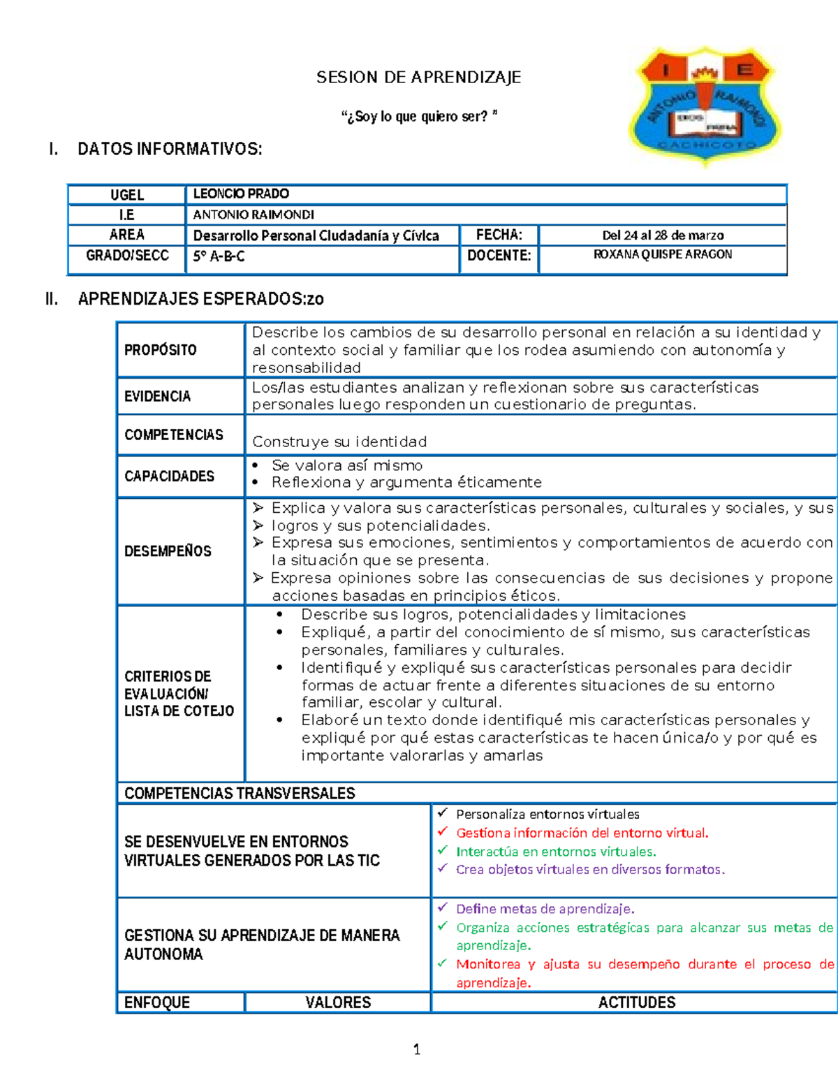 Sesión de Aprendizaje: Identidad y Desarrollo Personal DPCC 5° - Studocu