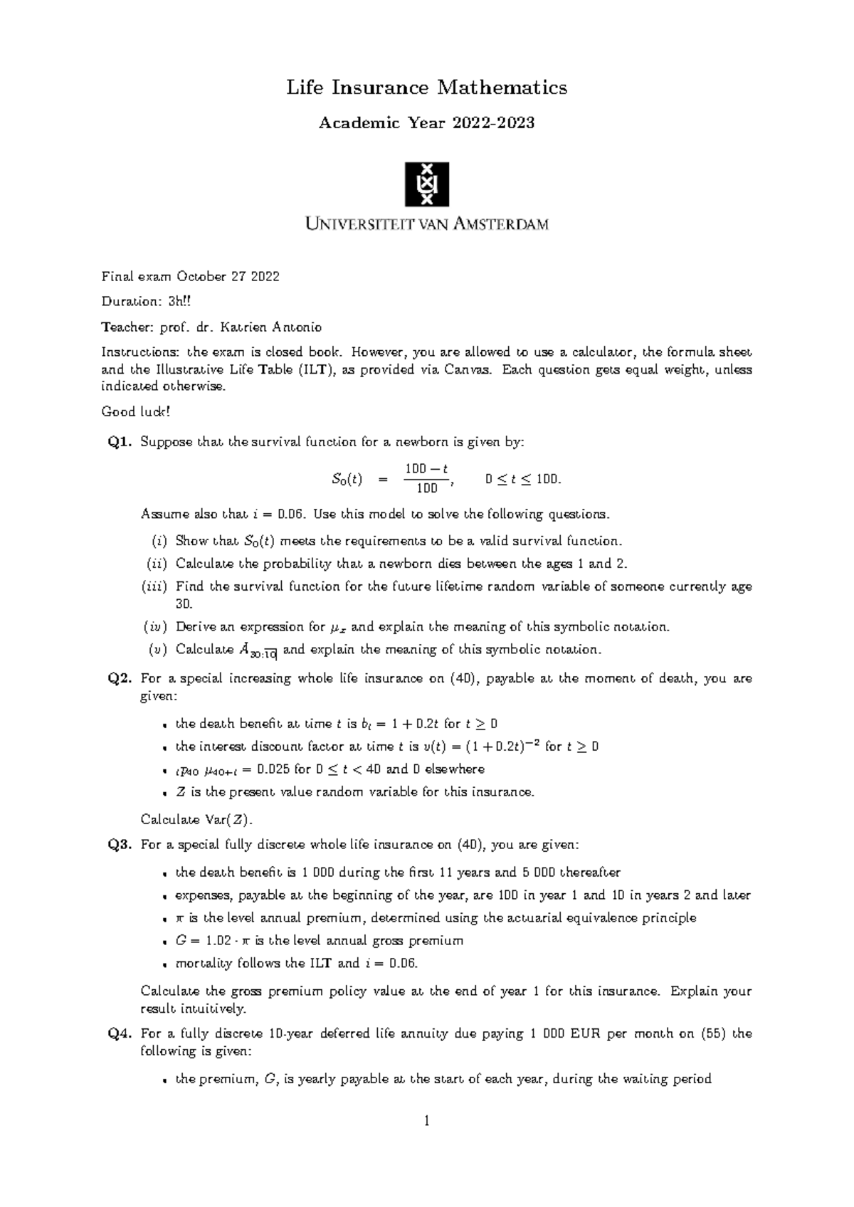 Life Insurance Math 22-23 - Final Exam Review Guide - Studeersnel