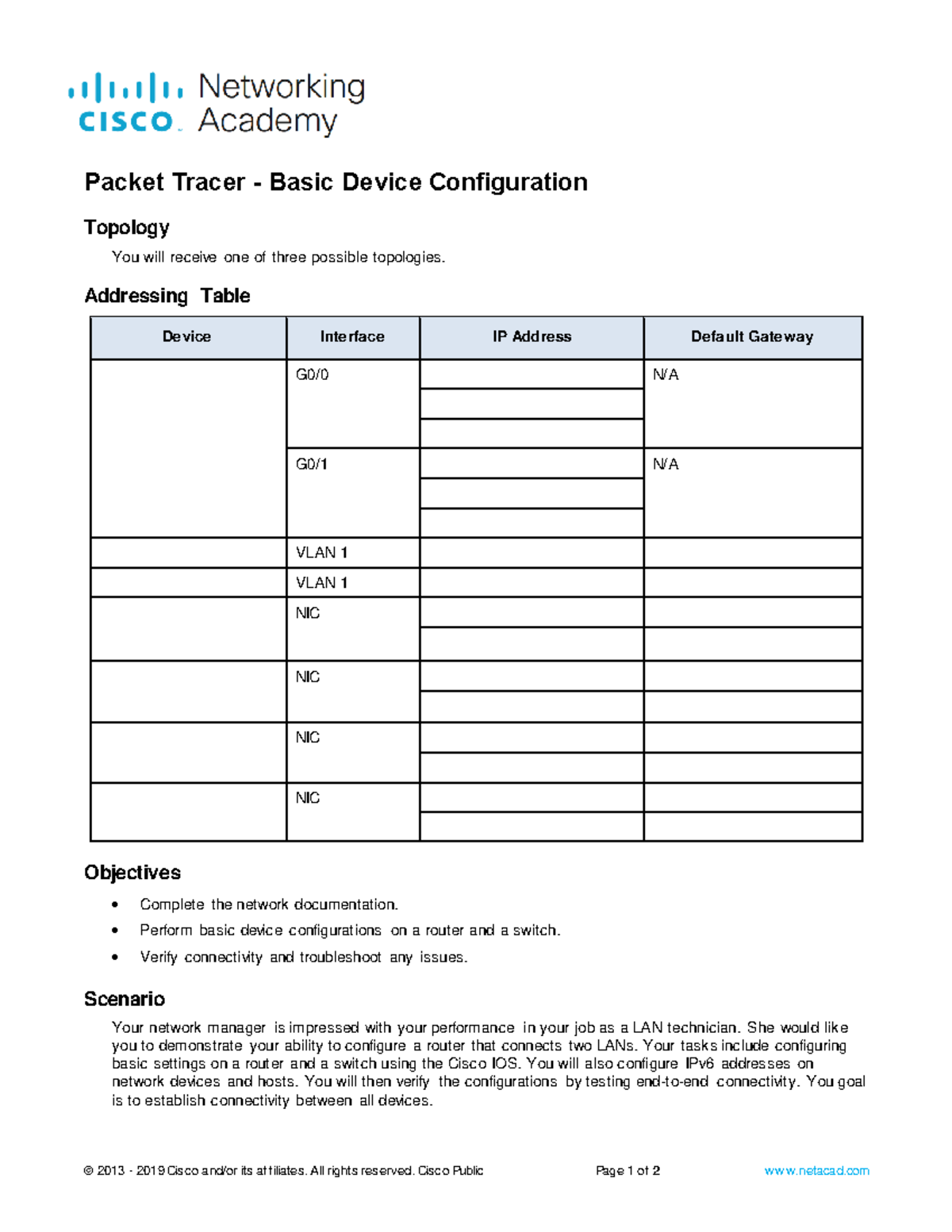 Packet Tracer Lab: Basic Device Config. & Topology - Studocu