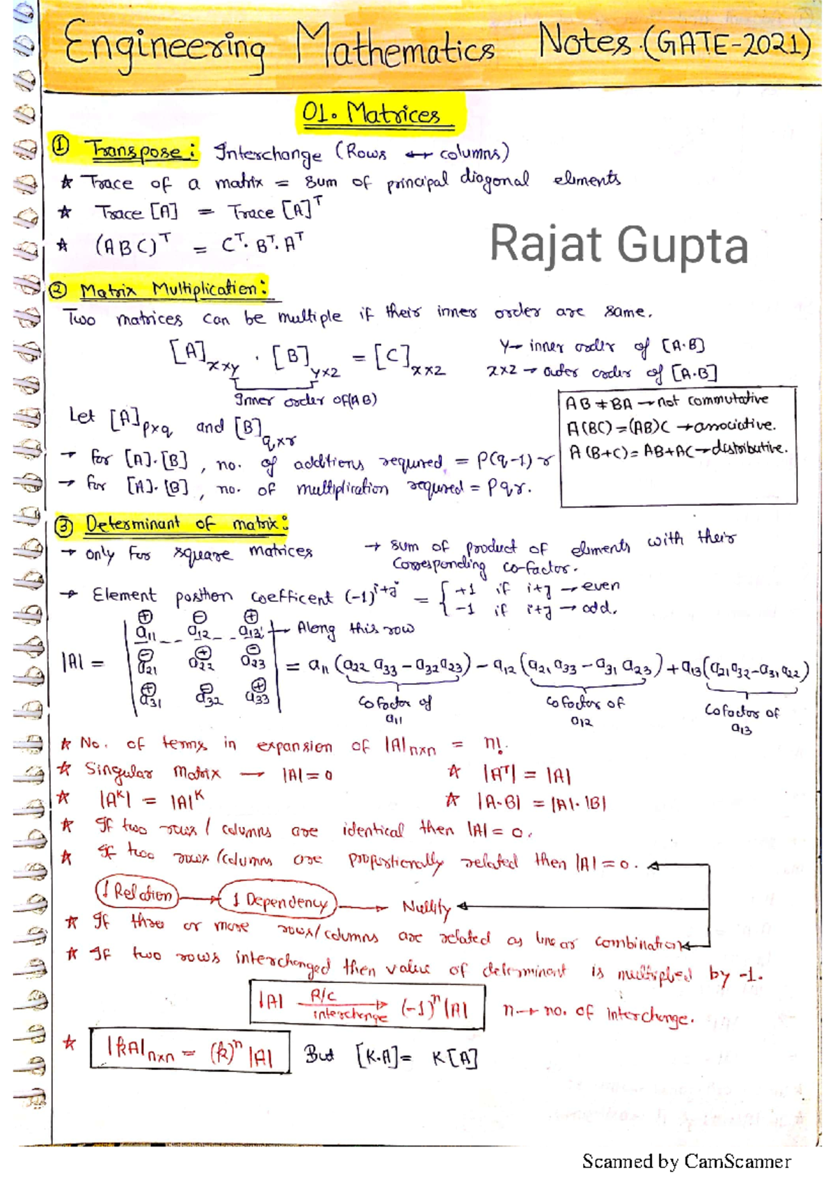 Engineering Mathematics Notes - Short Summary on Matrices and More ...