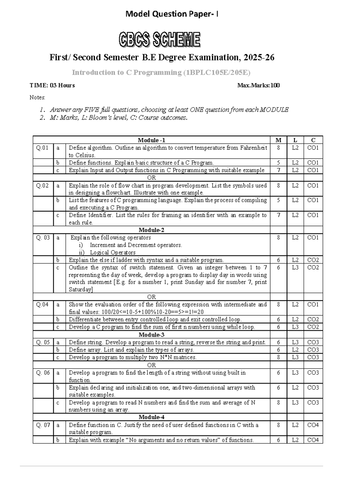 Model Question Paper for 1BPLC205E: Intro to C Programming Exam - Studocu