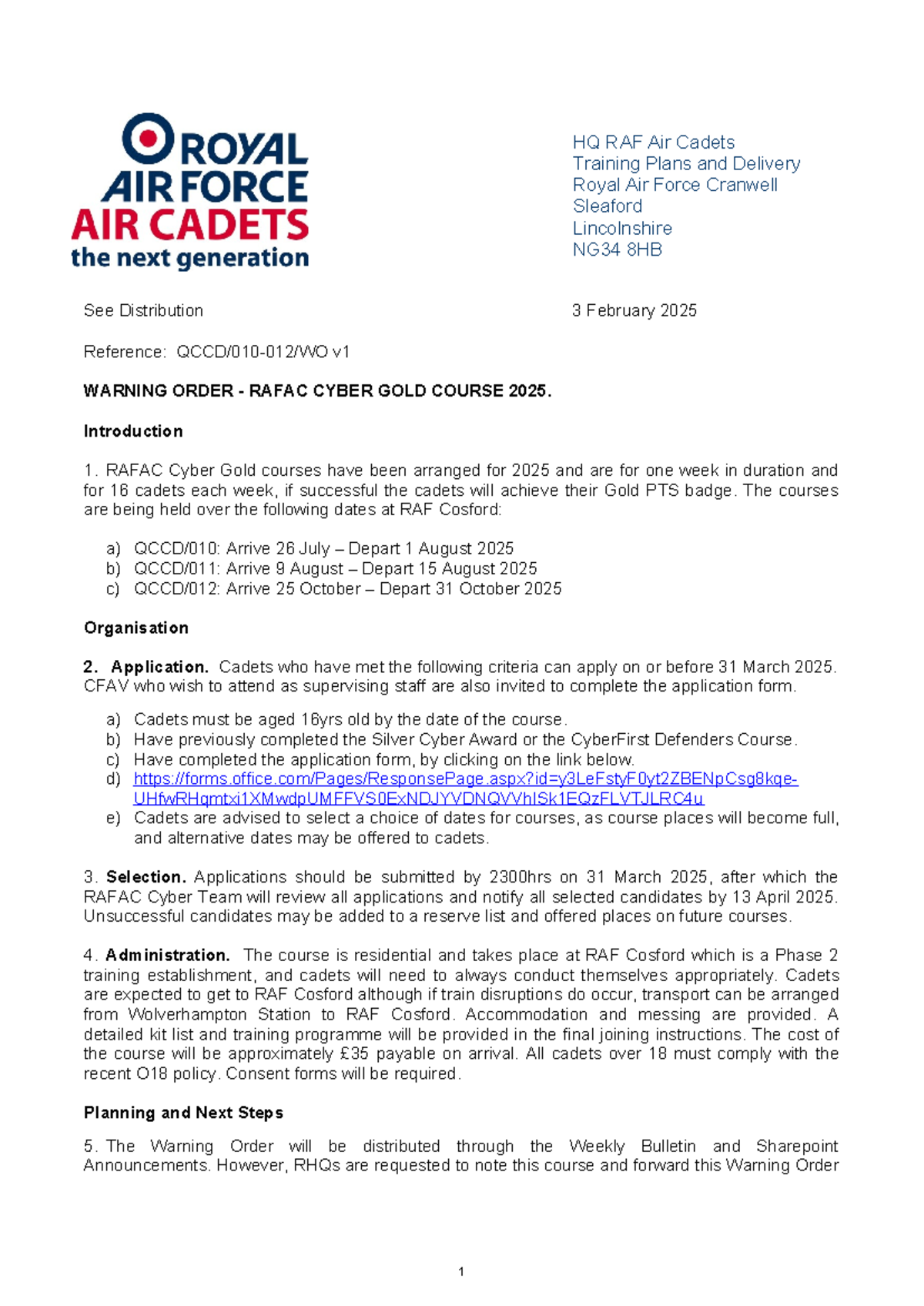 RAFAC Cyber Gold Warning Order QCCD/010-012 for 2025 Courses - Studocu