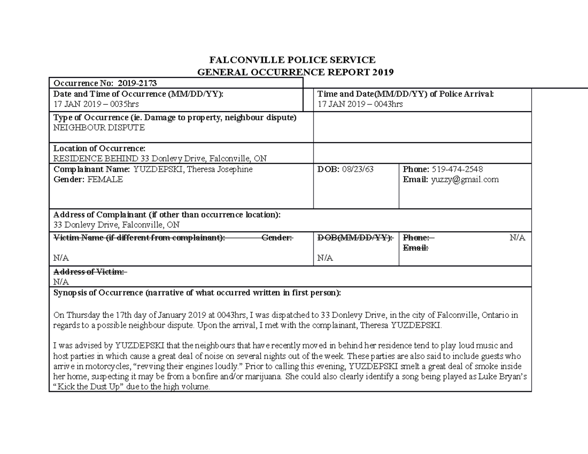 NBCP NEIGHBOUR COMPLAIN　1LP Occurence Report 1 - Neighbour Dispute - FALCONVILLE POLICE