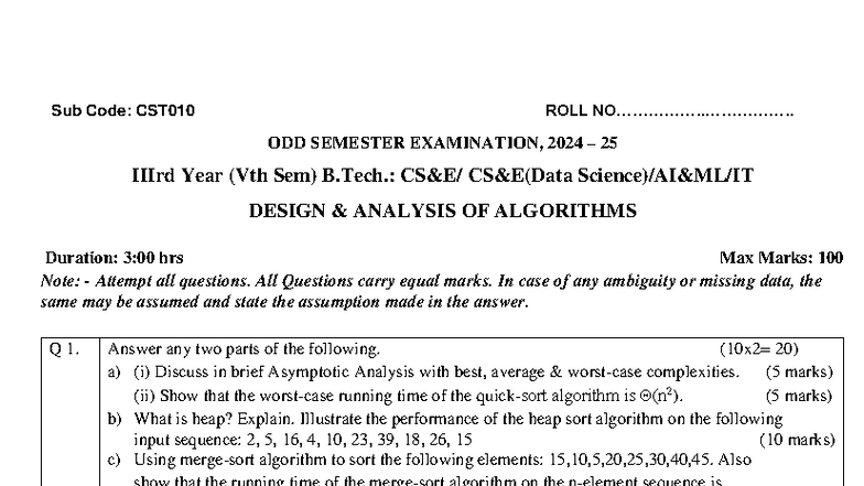 CST010 Vth Sem B.Tech. Design Analysis of Algorithms Exam 2024-25 - Studocu