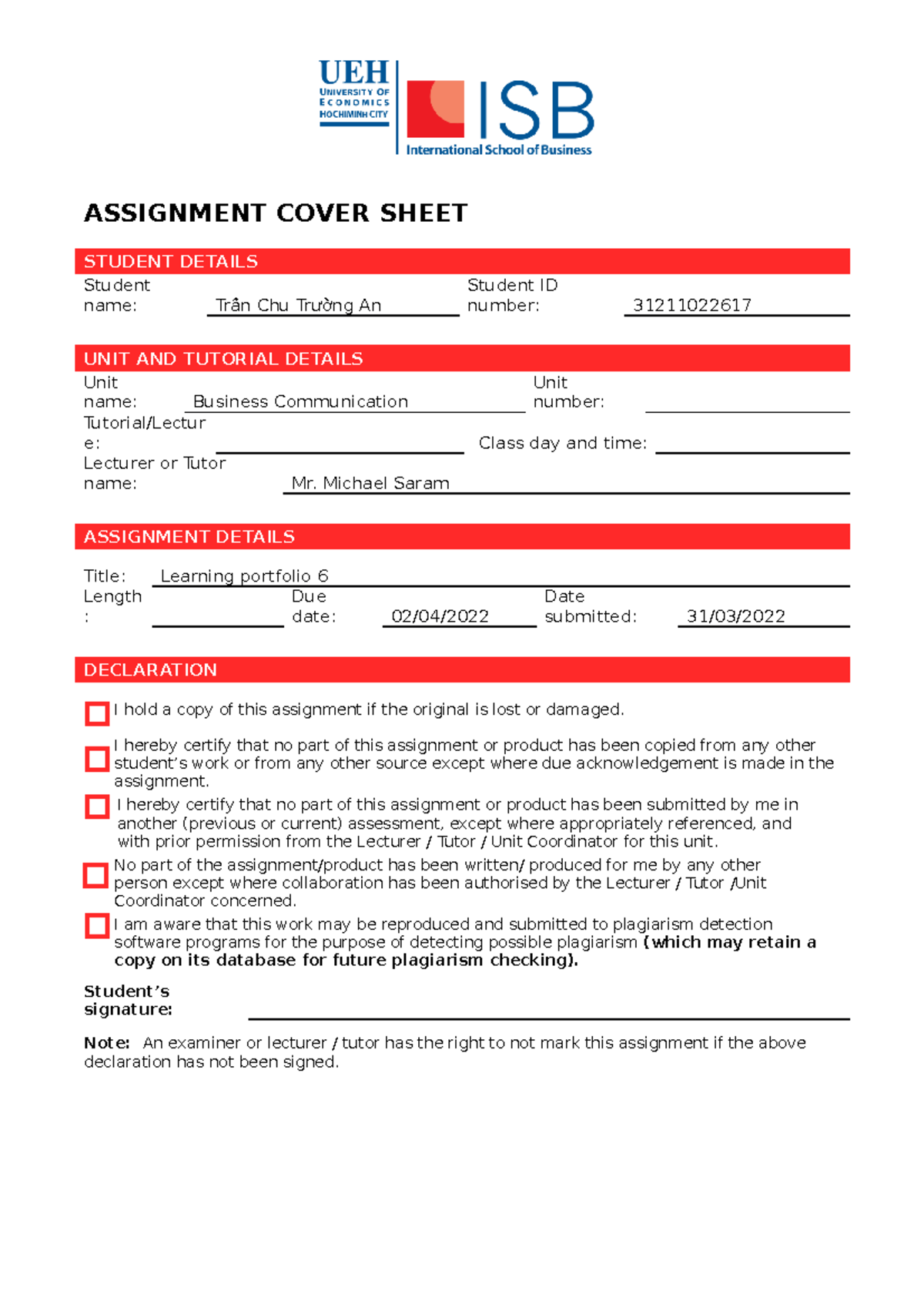 LP6 - 31211022617 - Tran Chu Truong An - ASSIGNMENT COVER SHEET STUDENT ...