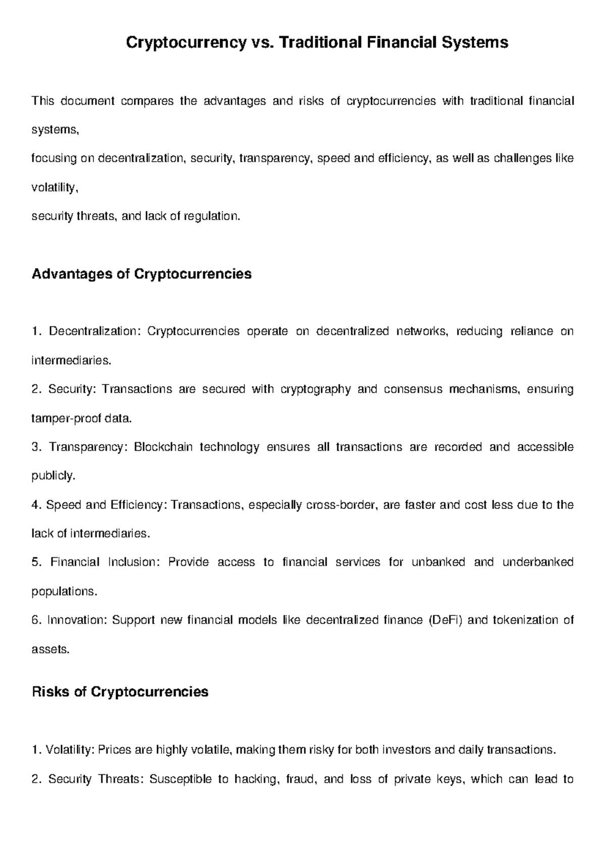 Cryptocurrency vs Traditional Financial Systems with Summary ...
