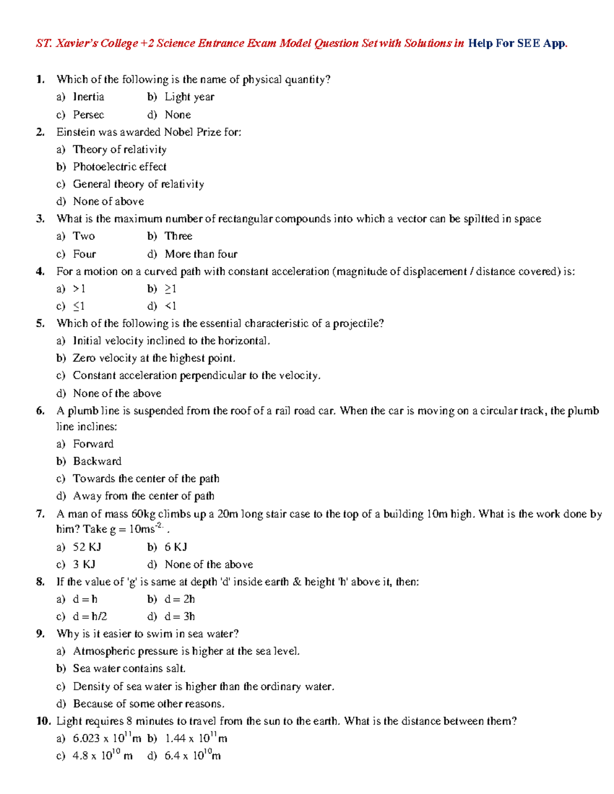 ST. College Science Entrance Exam Model Q&A Set with Solutions - Studocu
