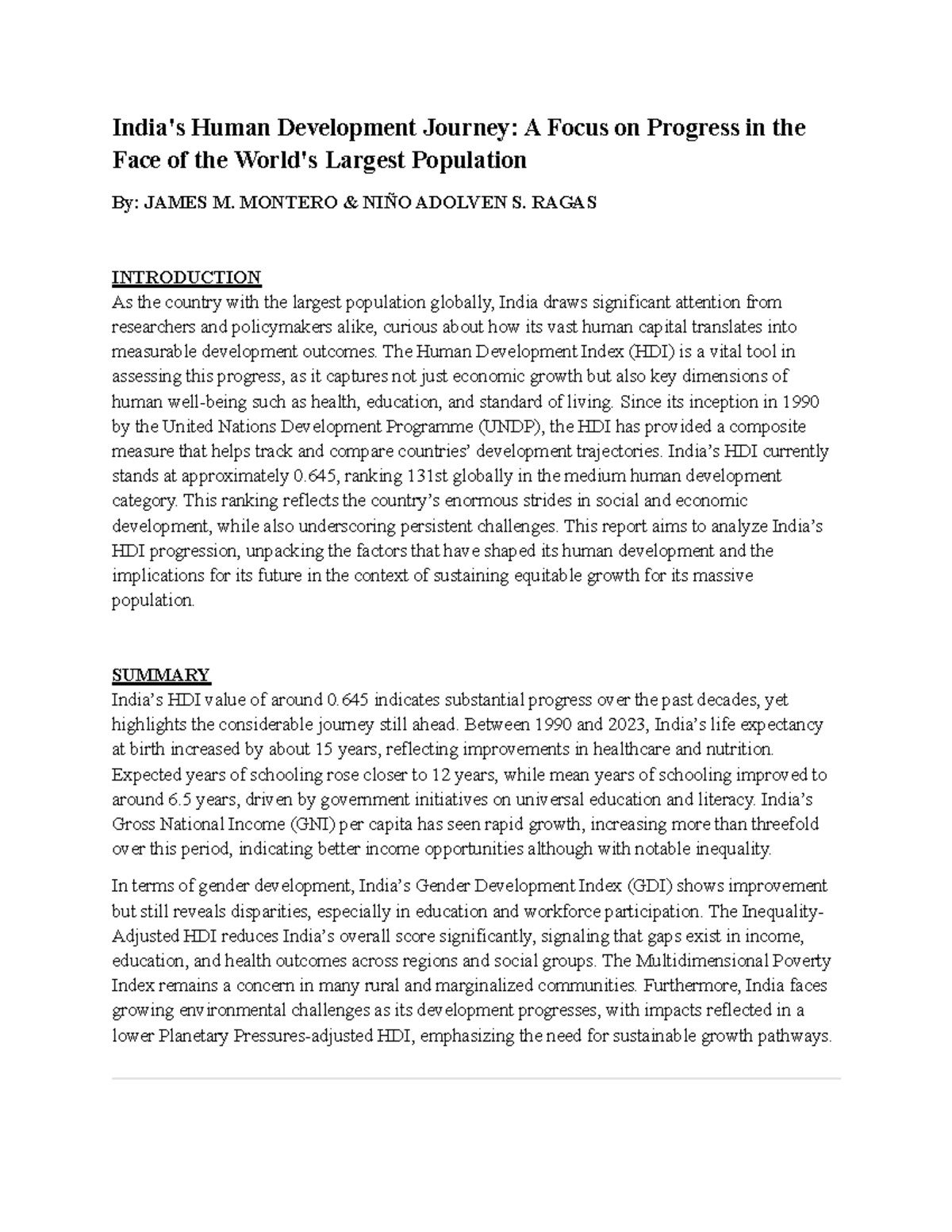 ECON 3: Human Development Progress in India and HDI Analysis - Studocu