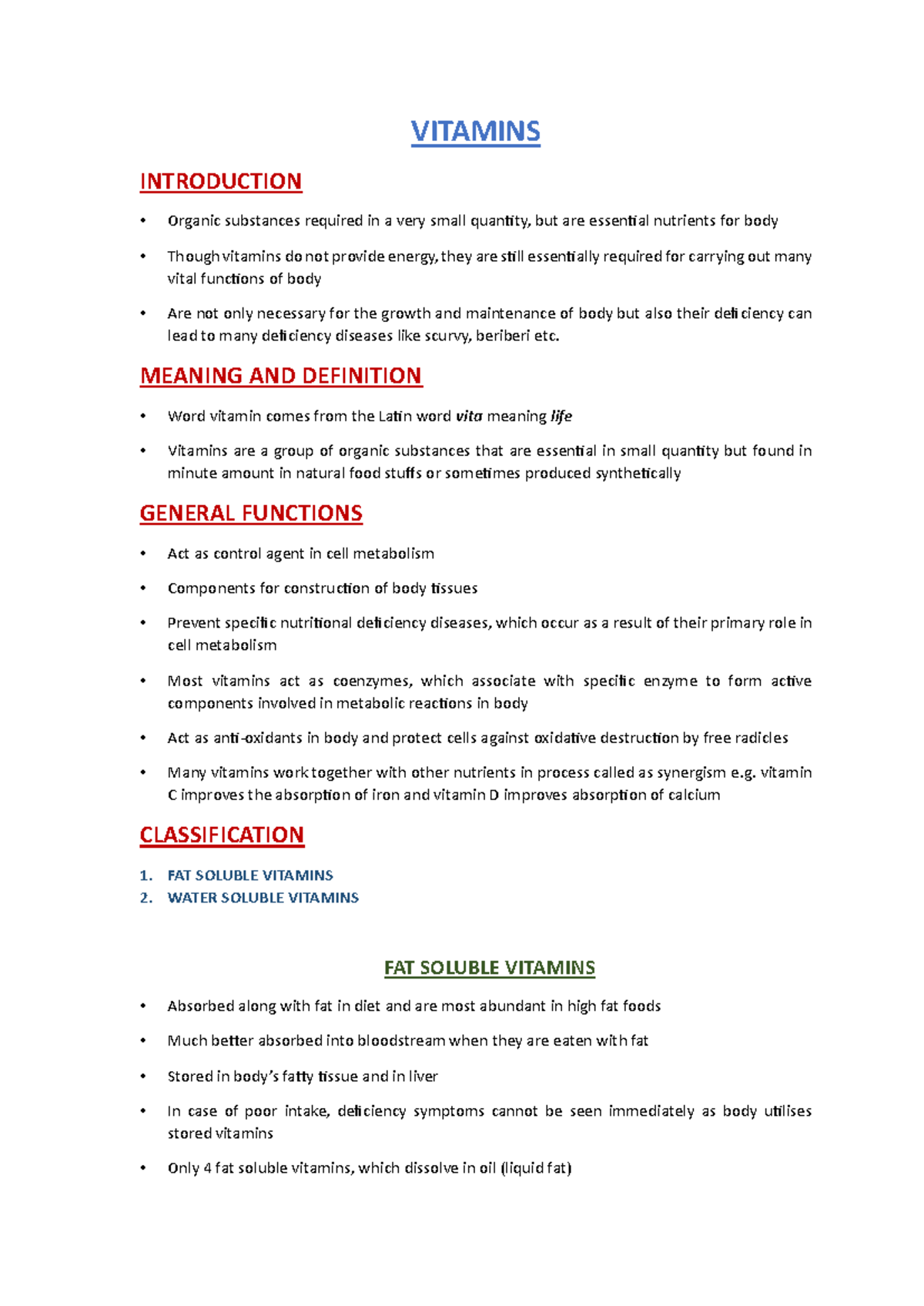 VITAMINS - INTRODUCTION AND FUNCTIONS (NUTR 101) - Studocu