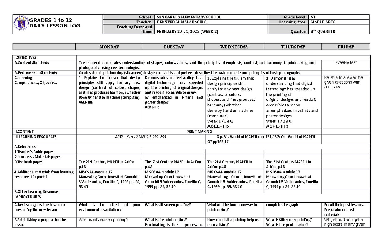 DLL MAPEH 6 ARTS Q3 W2 - Daily Lesson Log Week 2 Overview - Studocu
