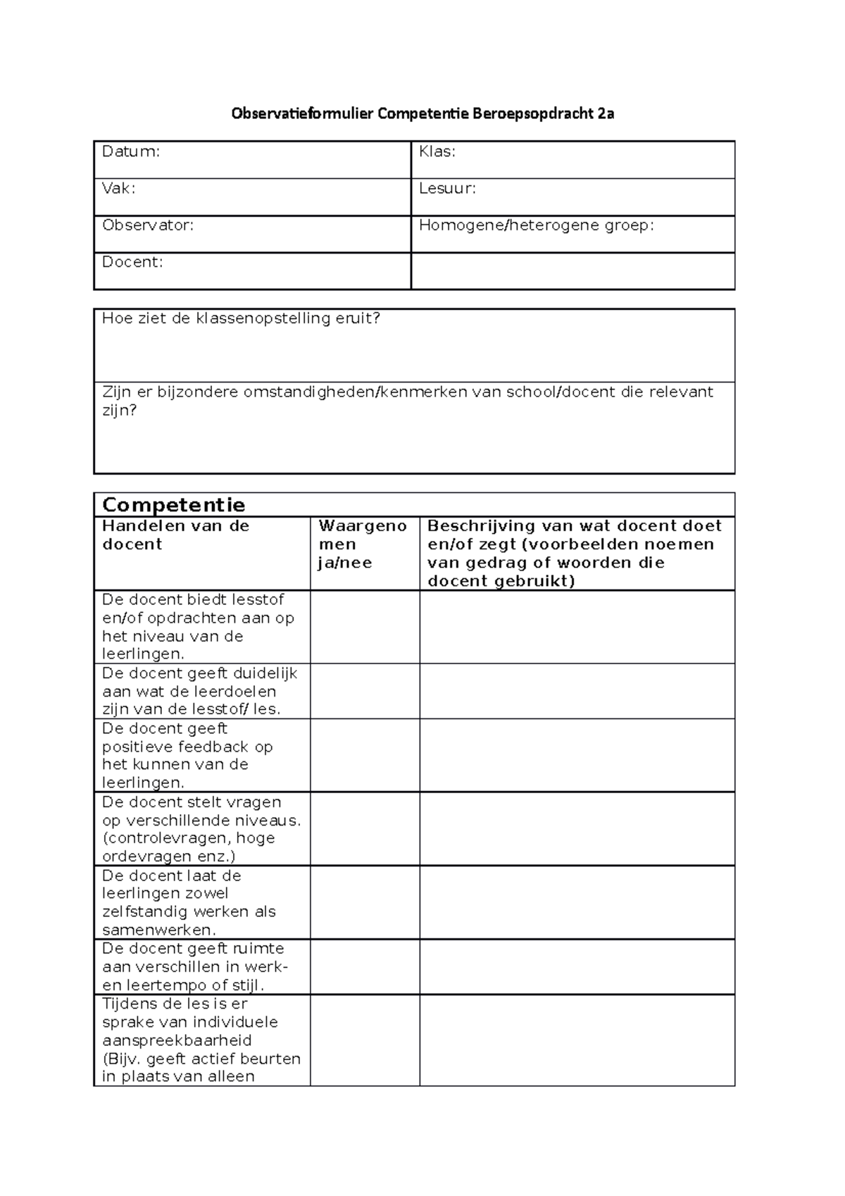 Competentie Observatieformulier Beroepsopdracht 2a Docentgedrag 