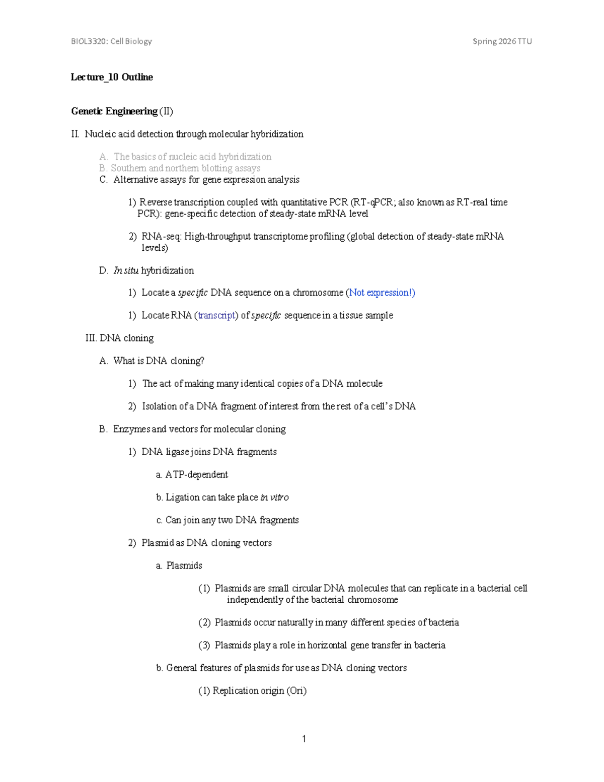 BIOL3320: Cell Biology Spring 2026 TTU Lecture 10 Outline on Genetic ...