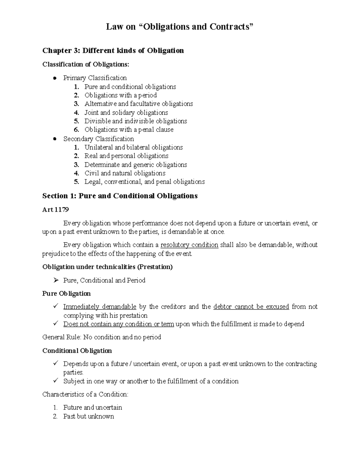Law on Obligations and Contracts: Chapter 3 - Classification of ...