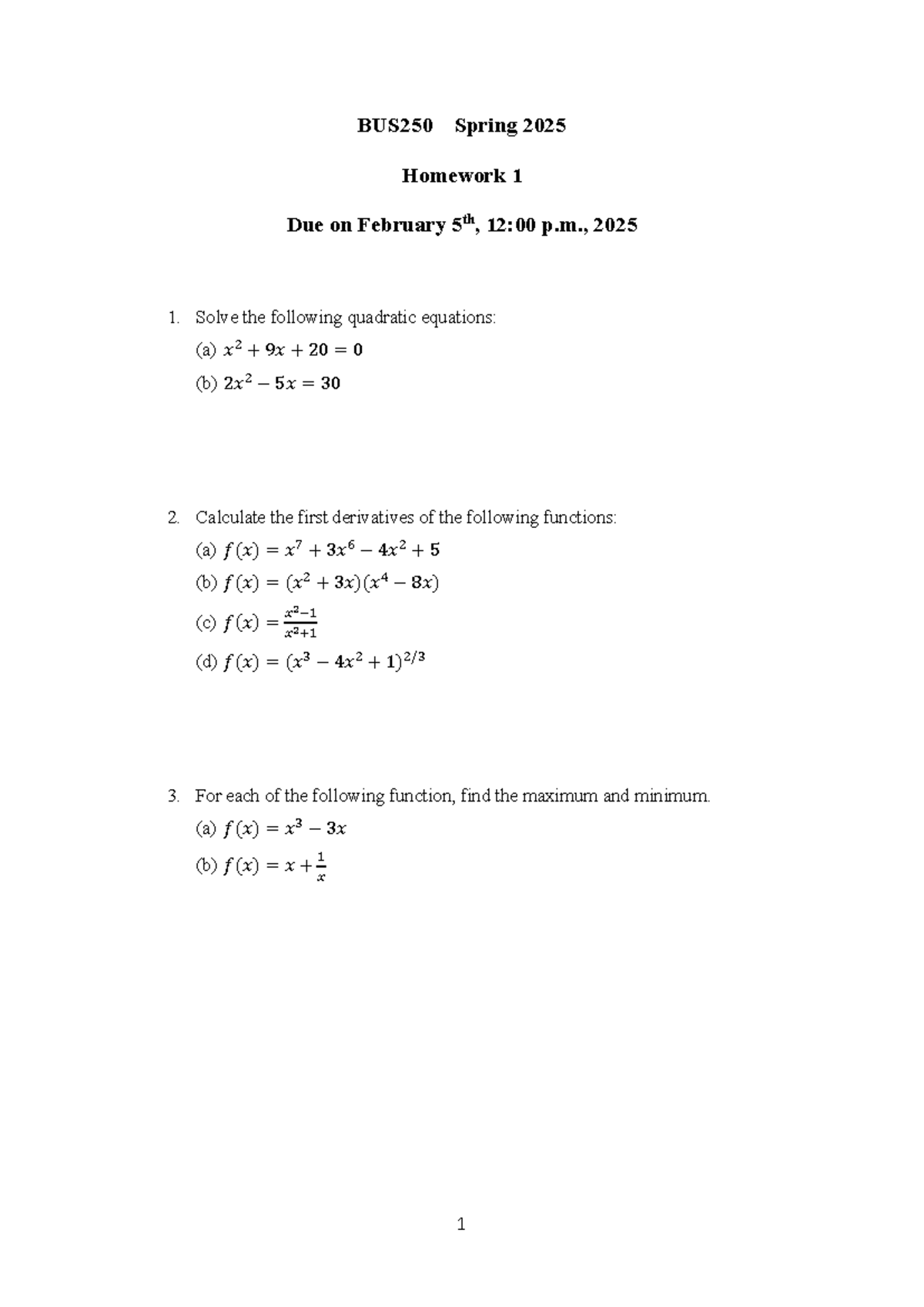 BUS250 Spring 2025 Homework 1: Quadratics, Functions, and Economics - 1 ...