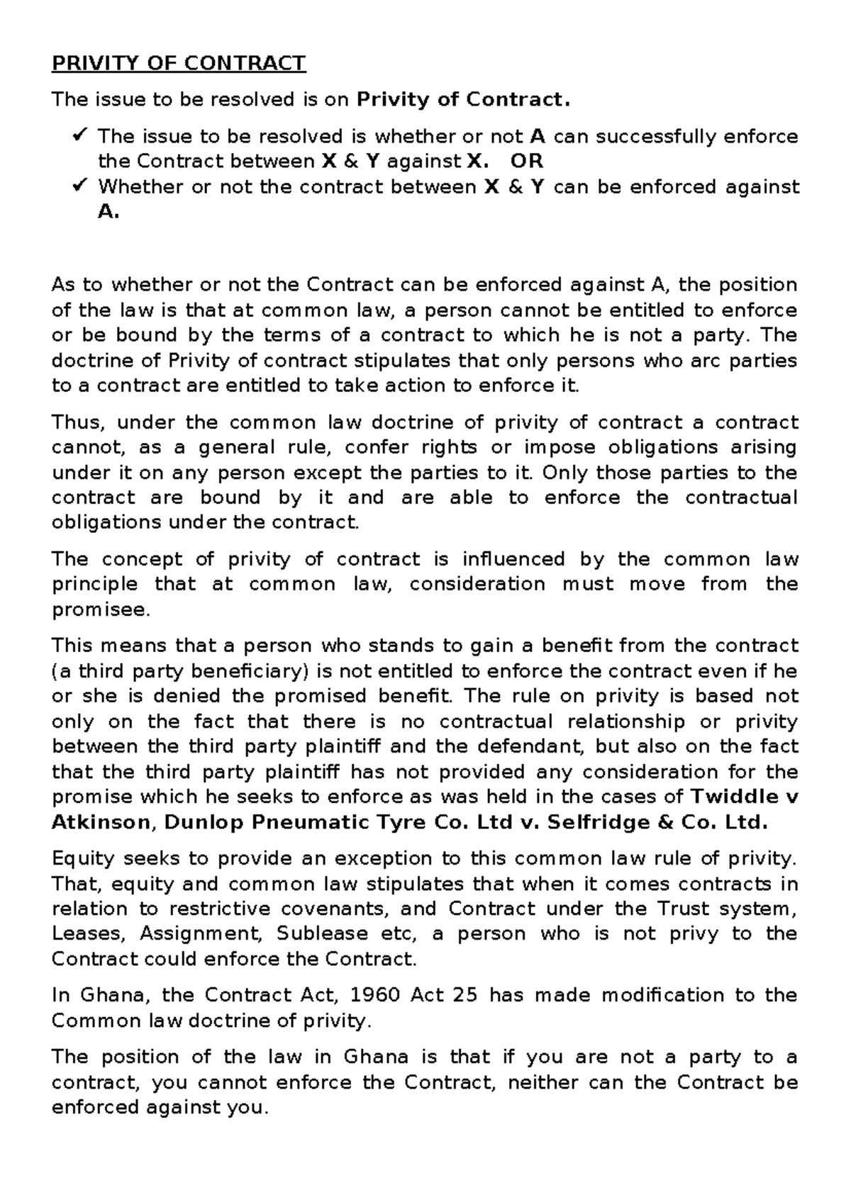 PRIVITY OF CONTRACT: Key Concepts and Ghana's Legal Framework - Studocu