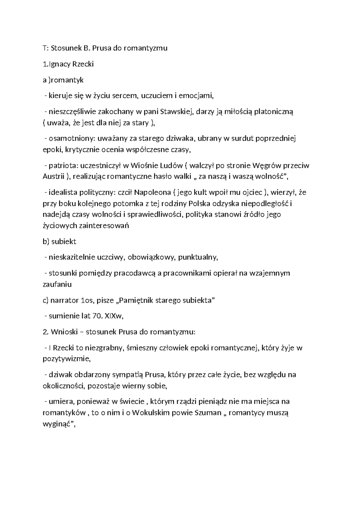 Rzecki - nnn - T: Stosunek B. Prusa do romantyzmu 1 Rzecki a )romantyk ...