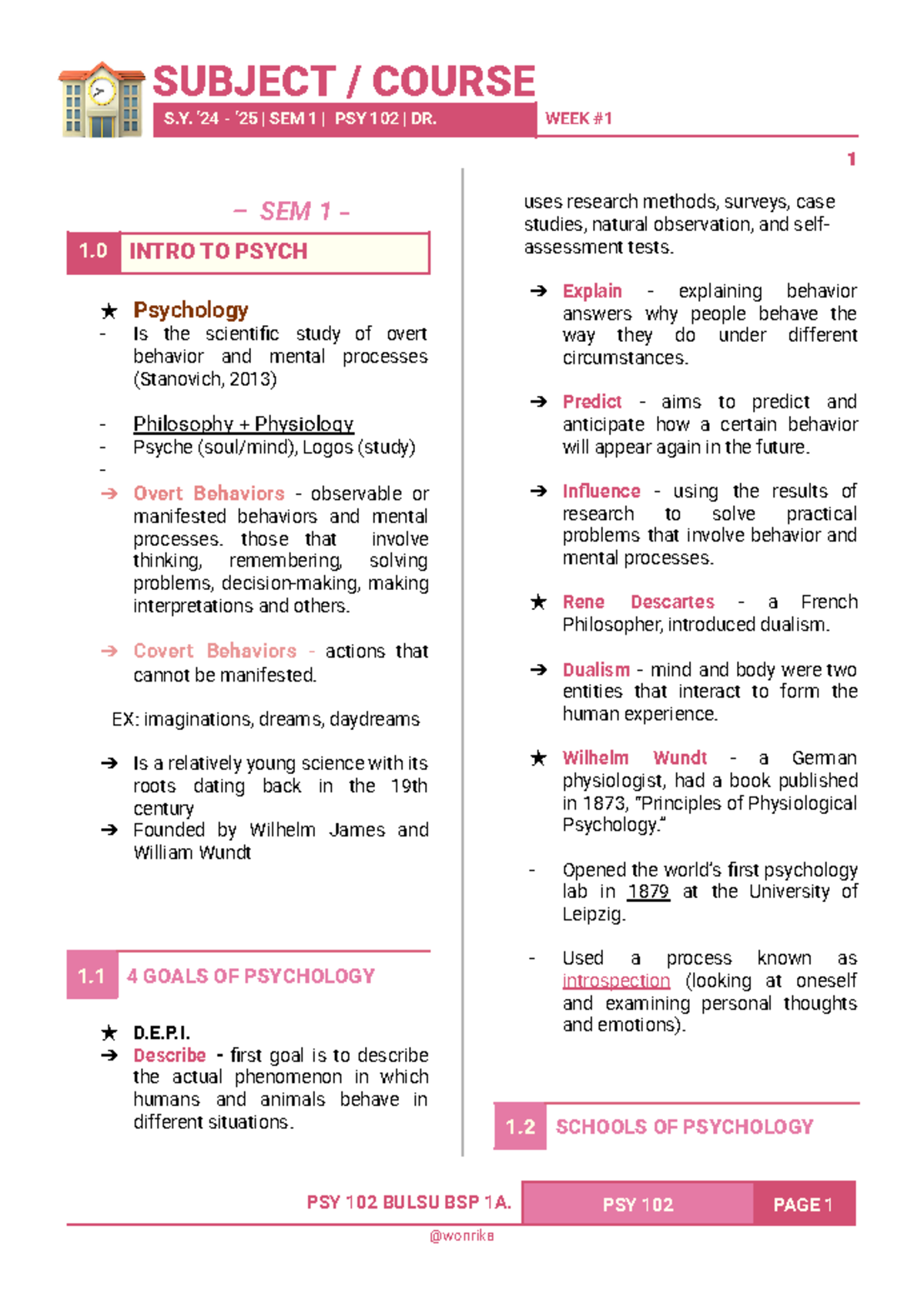 PSY 102 Lecture Notes: Introduction to Psychology - S. '24 - '25 SEM 1 ...