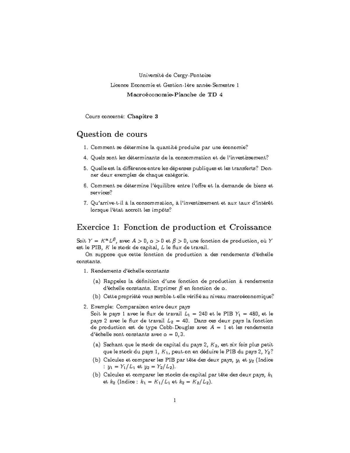 TD4 - Macroéconomie Exercice sur Fonction de Production et Croissance ...