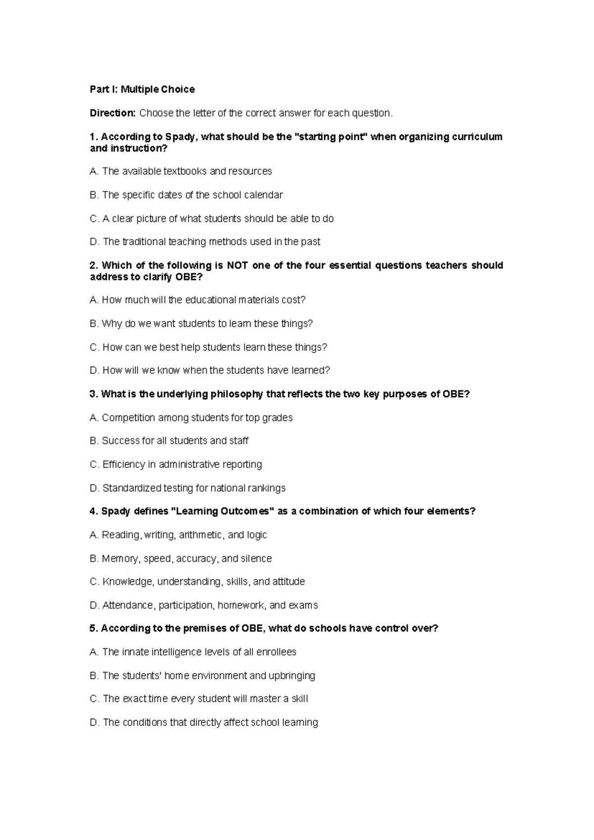 OBE 101: Multiple Choice & Modified True/False Exam Review - Studocu