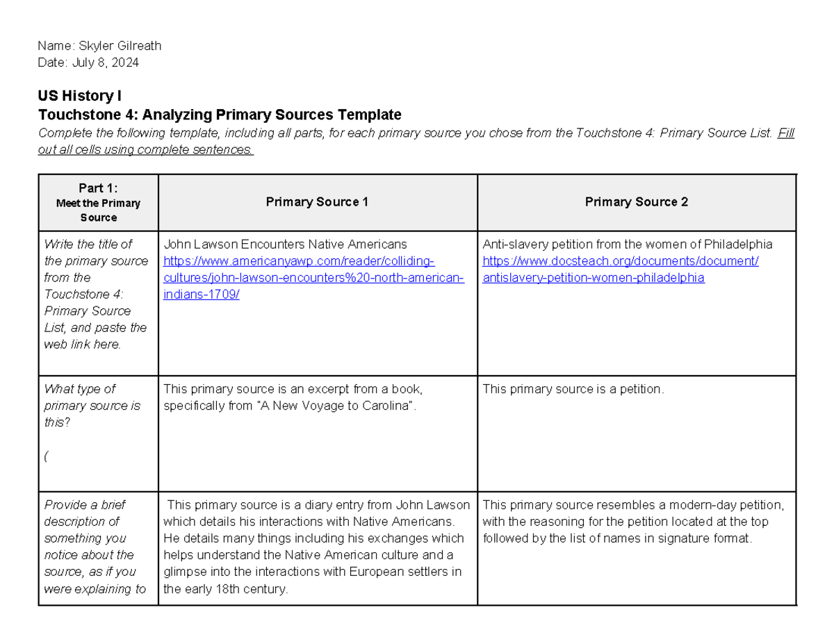 US History I Touchstone 4 Final Exam: Analyzing Primary Sources - Studocu