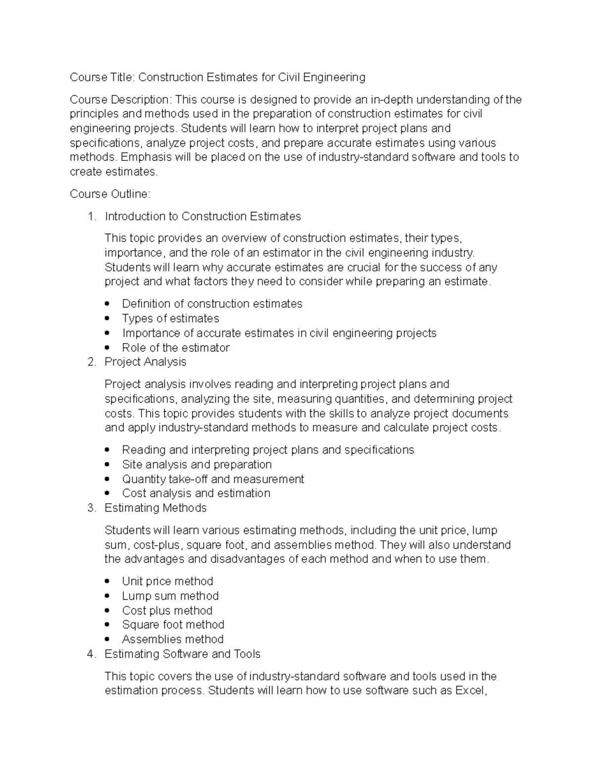 Construction Estimates Syllabus for Civil Engineering Course - Studocu