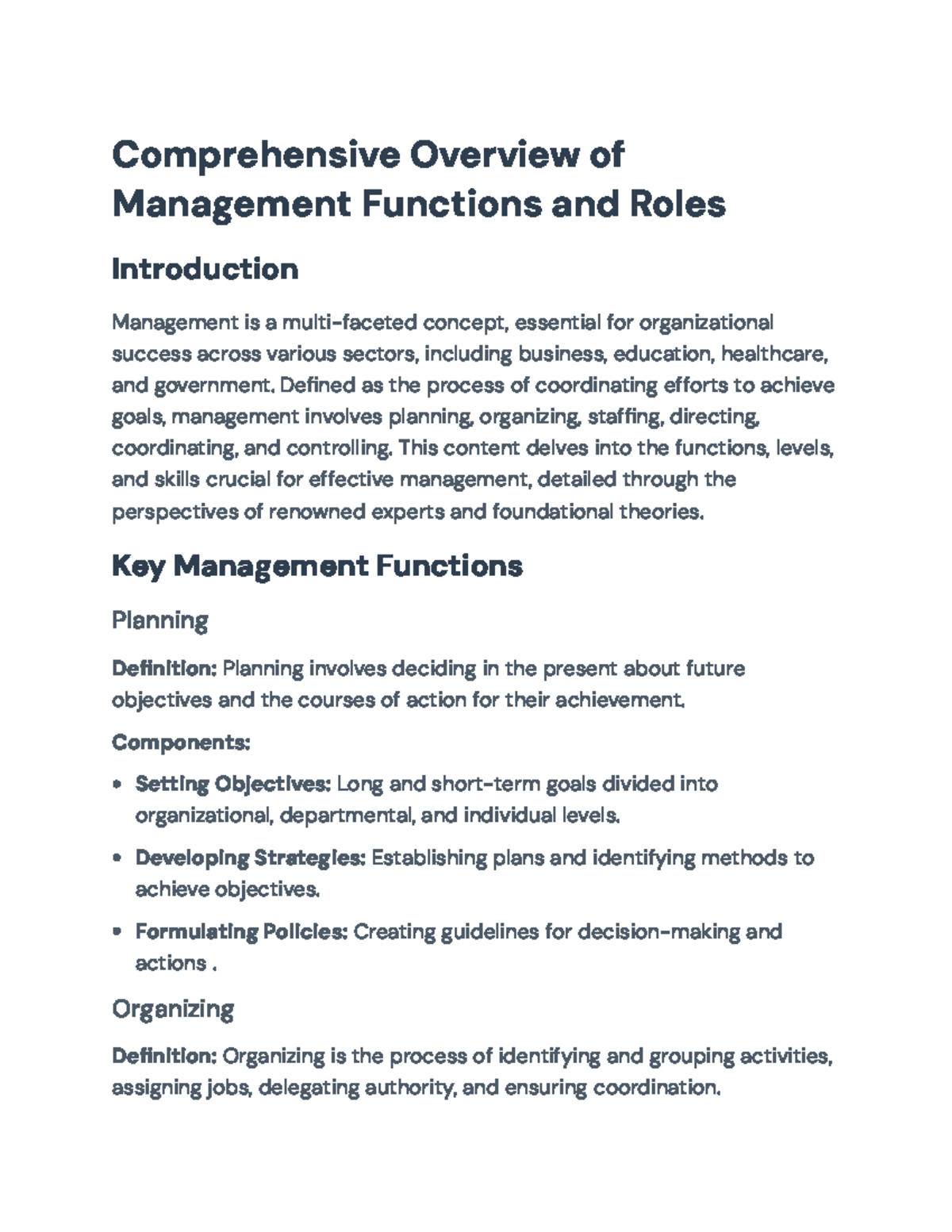 Comprehensive Overview of Management Functions and Roles ...