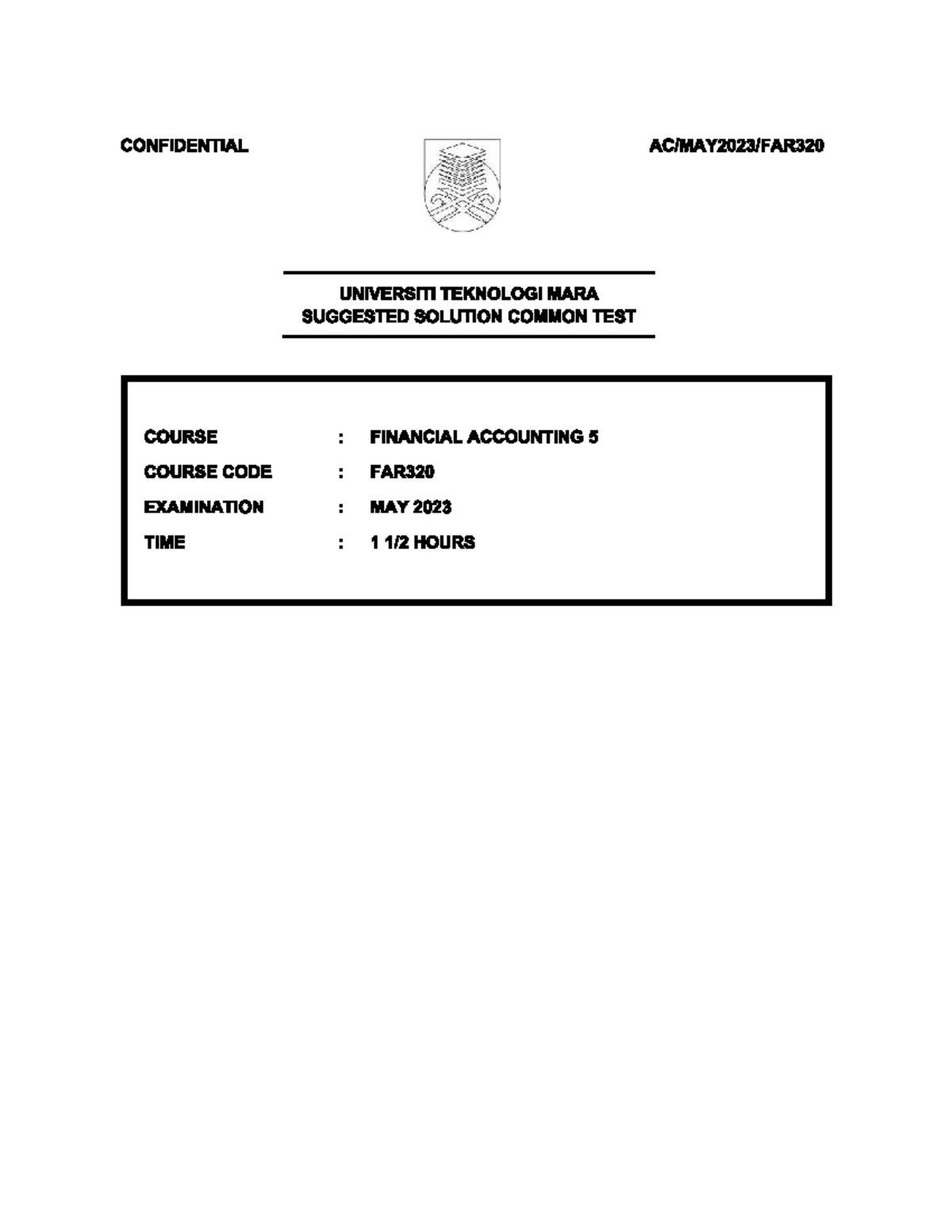 Suggested Solutions for Common Test: FAR320 Financial Accounting - May 2023 - Document Preview