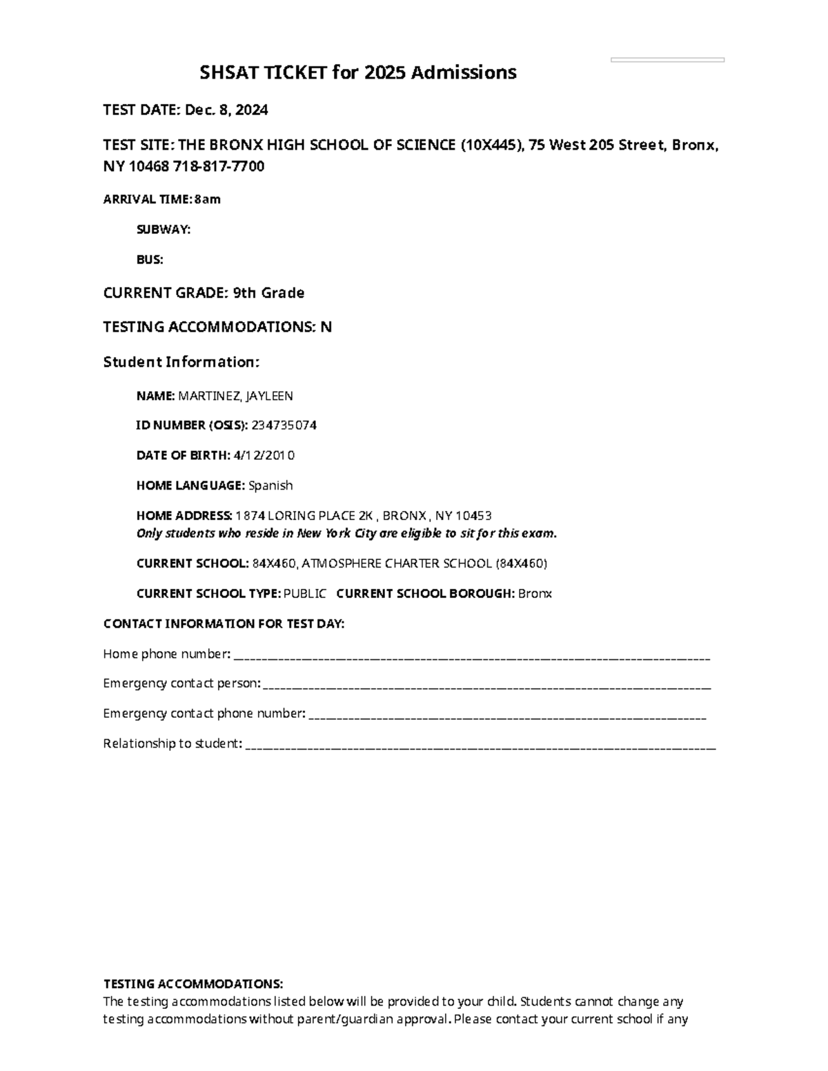 234735074 shsat ticket es 3Kcd DIO - SHSAT TICKET for 2025 Admissions ...