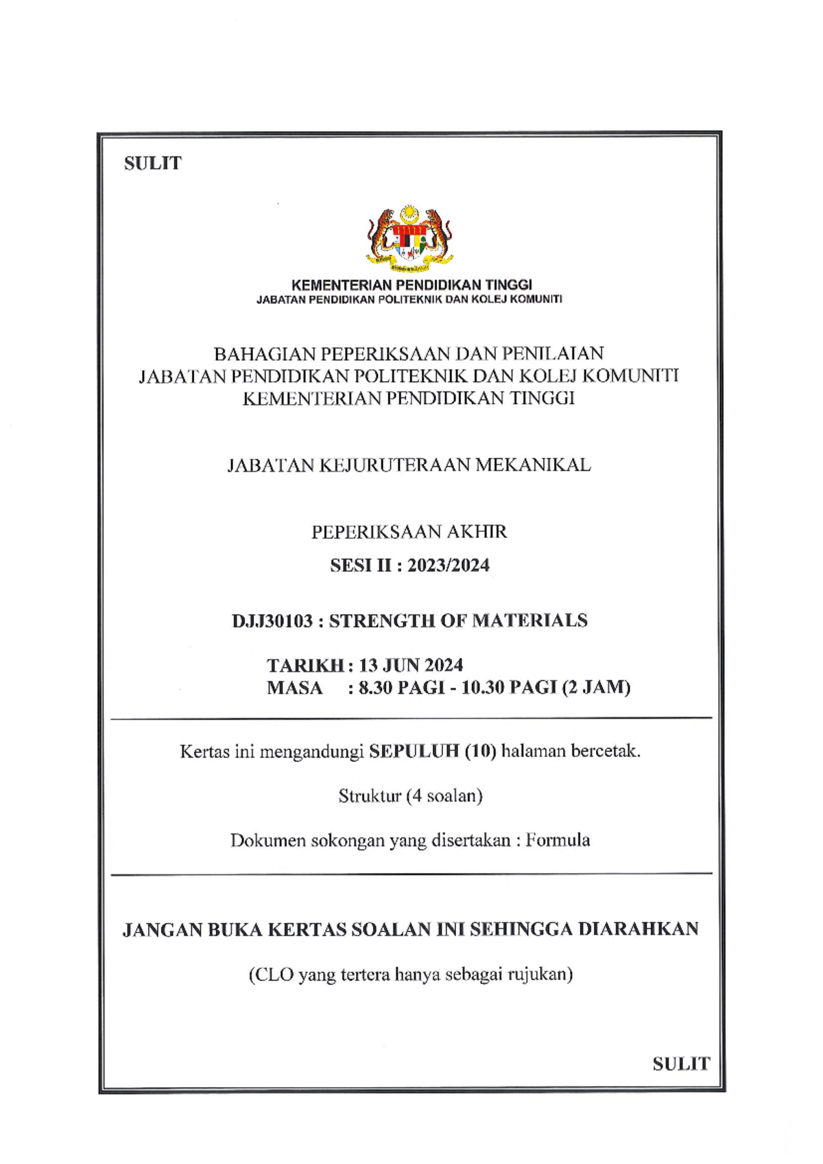Final Exam DJJ30103: Strength of Materials - Sesi II 2023/2024 - Studocu