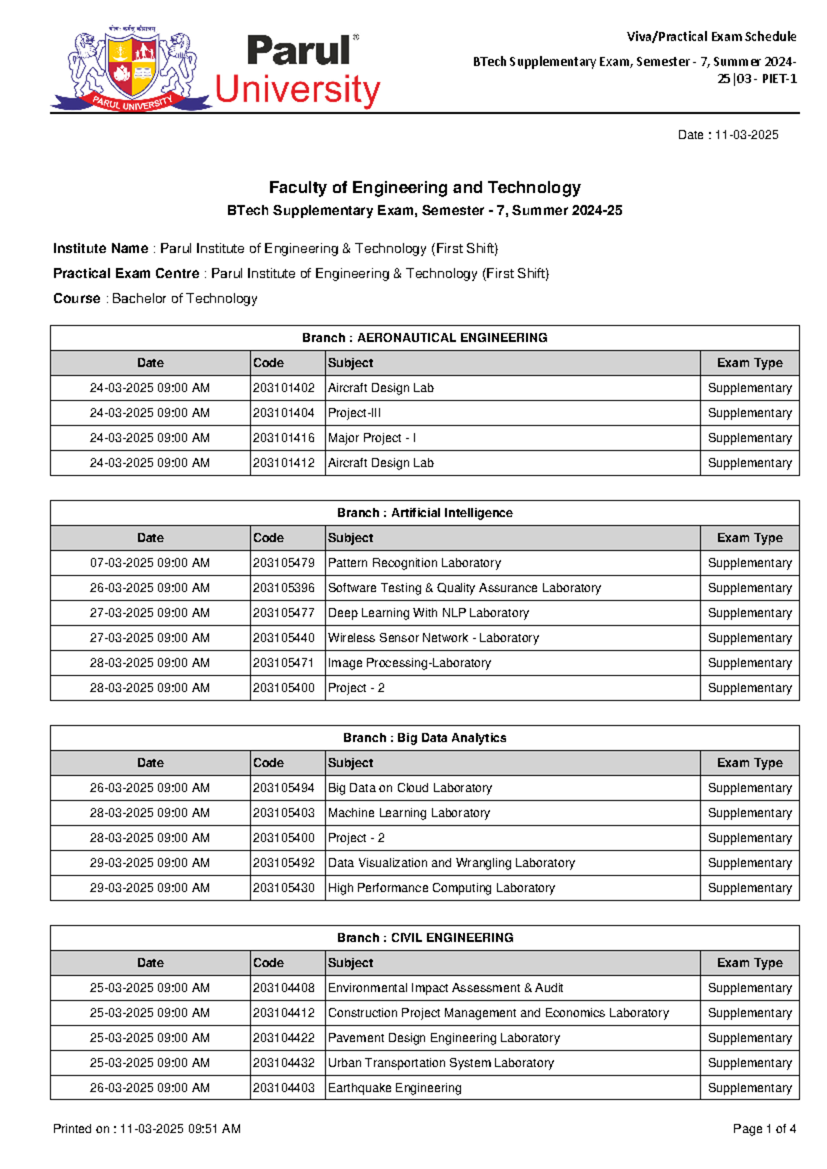 BTech Supplementary Practical Exam Schedule - Semester 7, Summer 2024 ...