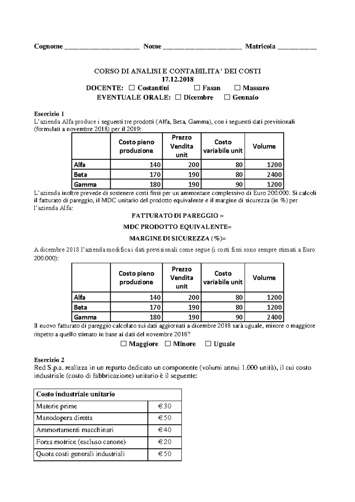 Analisi e Contabilità dei Costi - Esame 17.12.2018 - Studocu