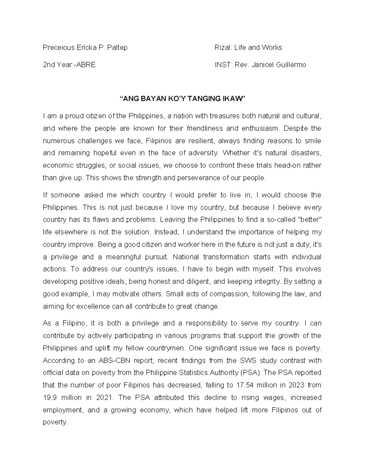 Paltep Rizal Reflection 2: Embracing Filipino Resilience and Hope - Studocu