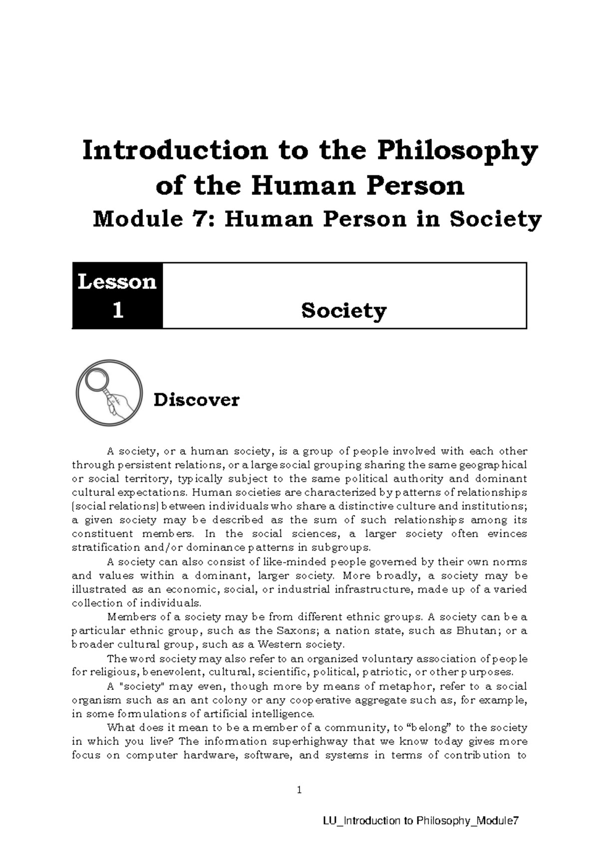 Intro to Philo (LU) Module 7: Human Person in Society Lesson 1 - Studocu