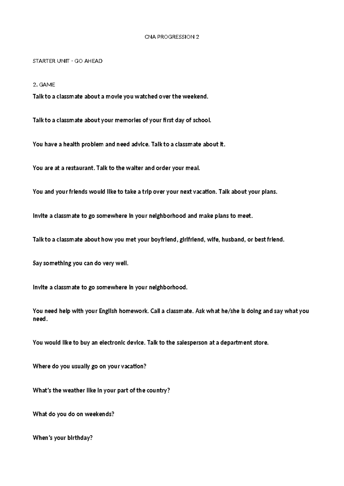 CNA Progression 2 - Starter Unit Conversation Practice - Studocu