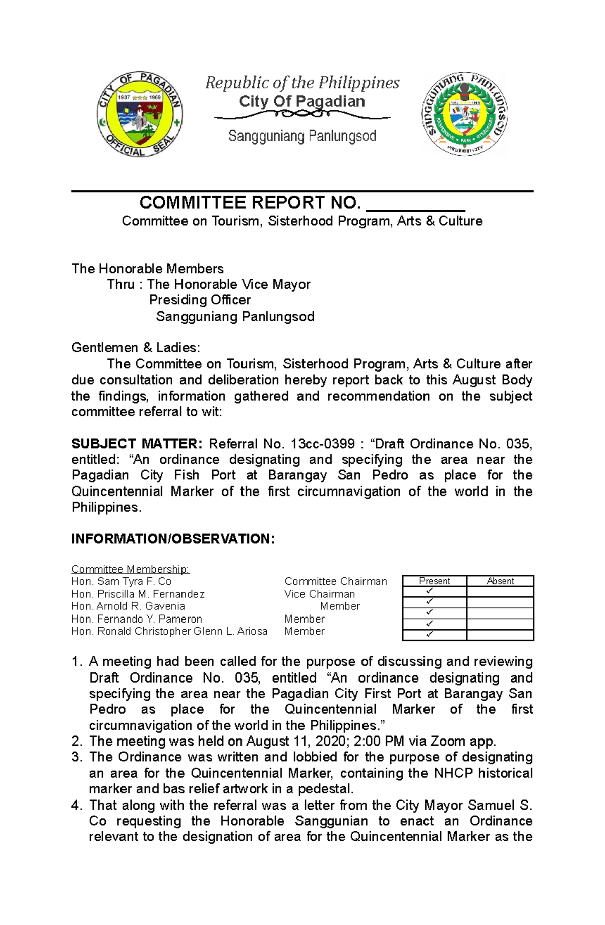 Committee Report No. 13cc-0399: Quincentennial Marker Proposal - Studocu