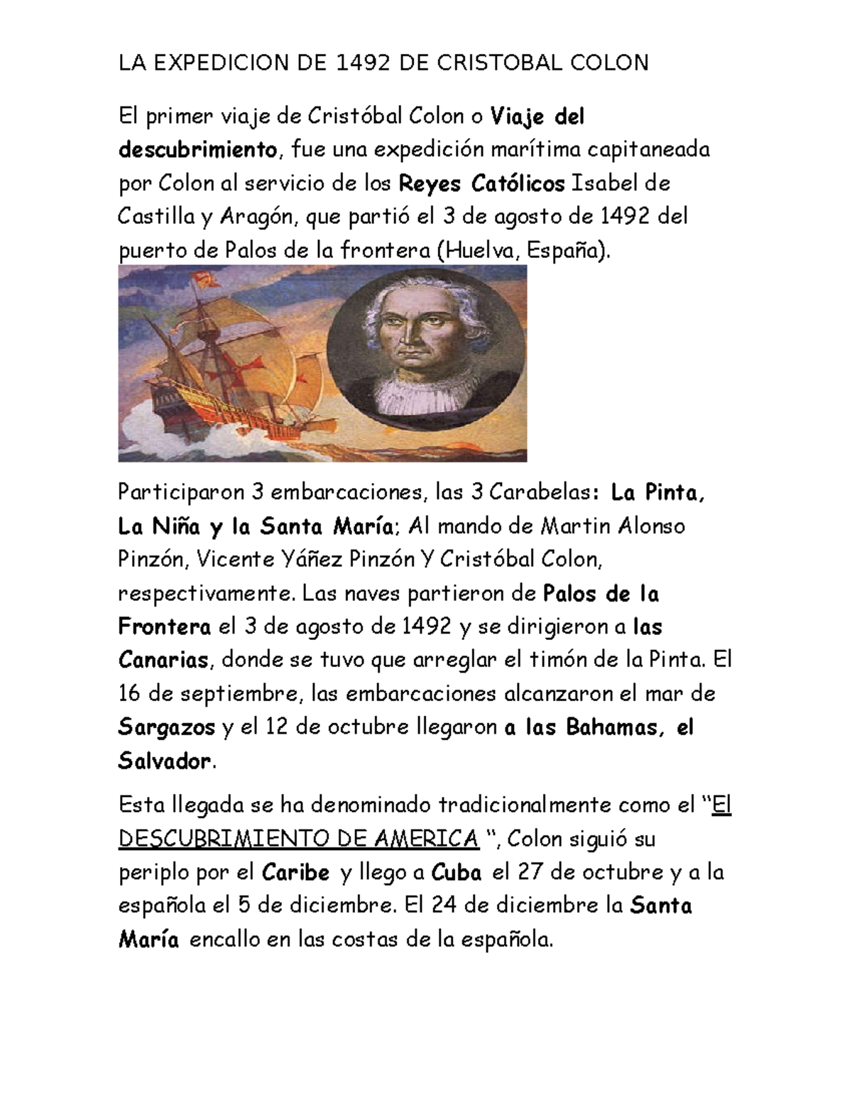 El primer viaje de Cristóbal Colon - LA EXPEDICION DE 1492 DE CRISTOBAL ...