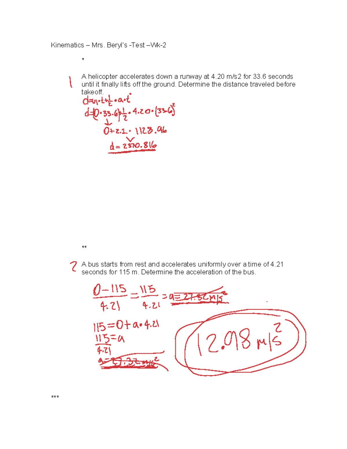 3 4 WS 2 - Kinematics Test Questions - Physics - Studocu